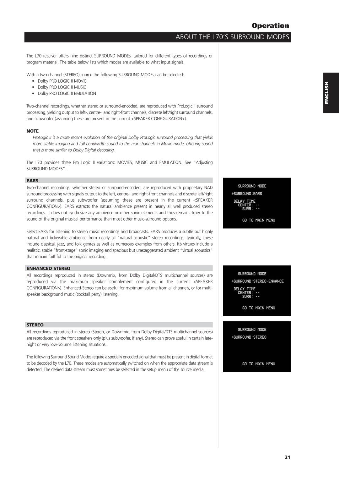 NAD owner manual About the L70’S Surround Modes, Ears, Enhanced Stereo 