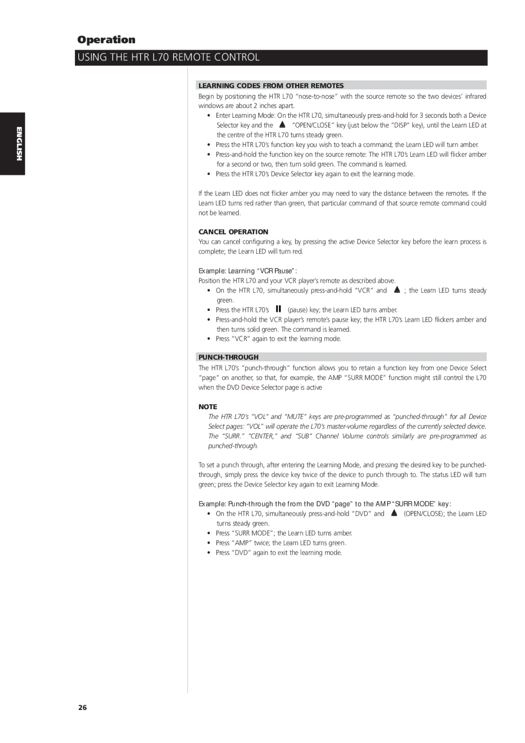 NAD L70 owner manual Learning Codes from Other Remotes, Cancel Operation, Example Learning VCR Pause, Punch-Through 