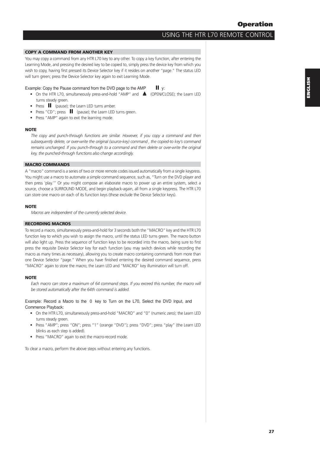 NAD L70 owner manual Copy a Command from Another KEY, Key, Macro Commands, Recording Macros 