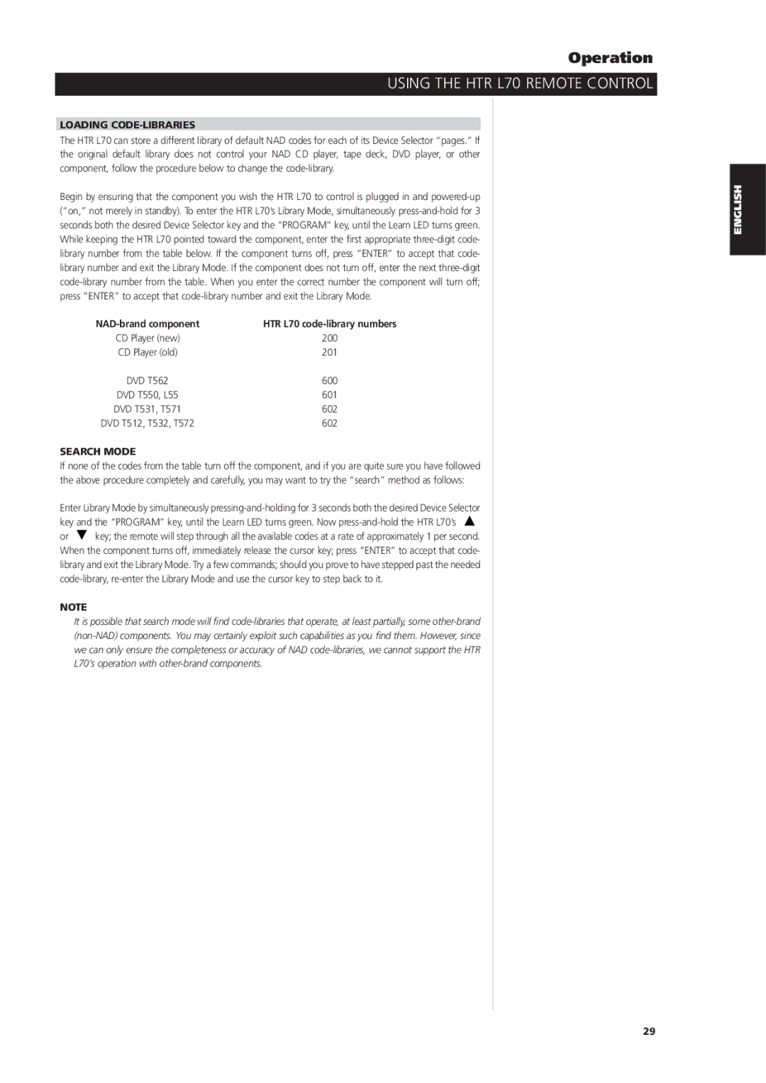 NAD L70 owner manual Loading CODE-LIBRARIES, Search Mode 