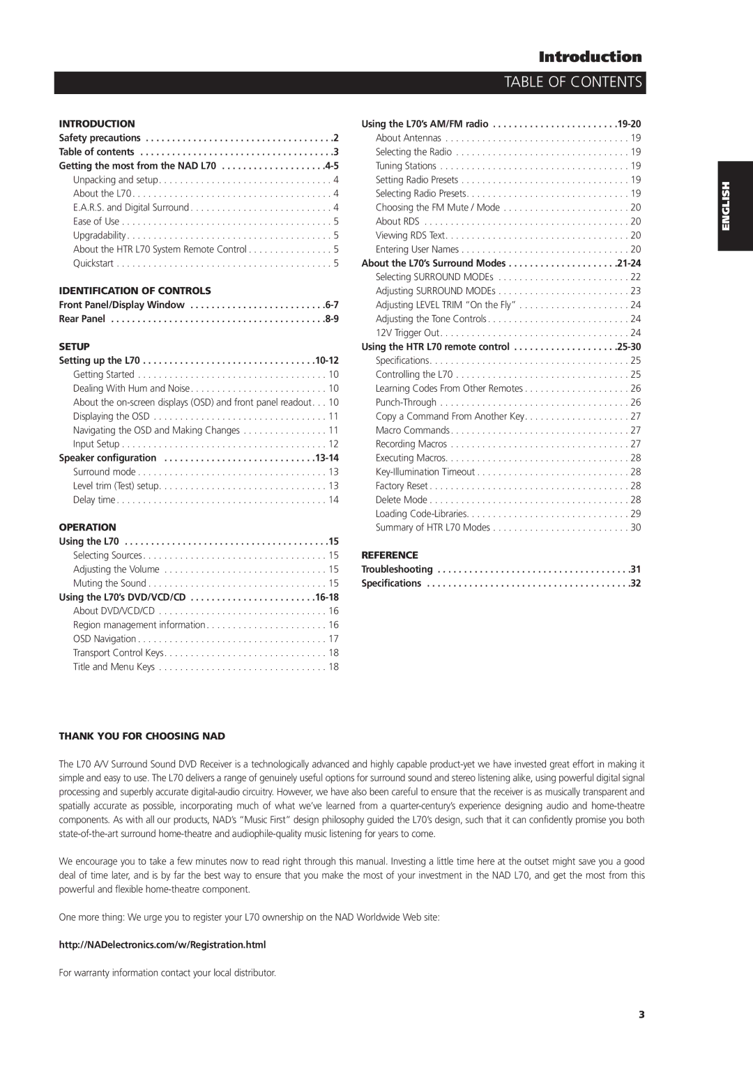 NAD L70 owner manual Table of Contents 