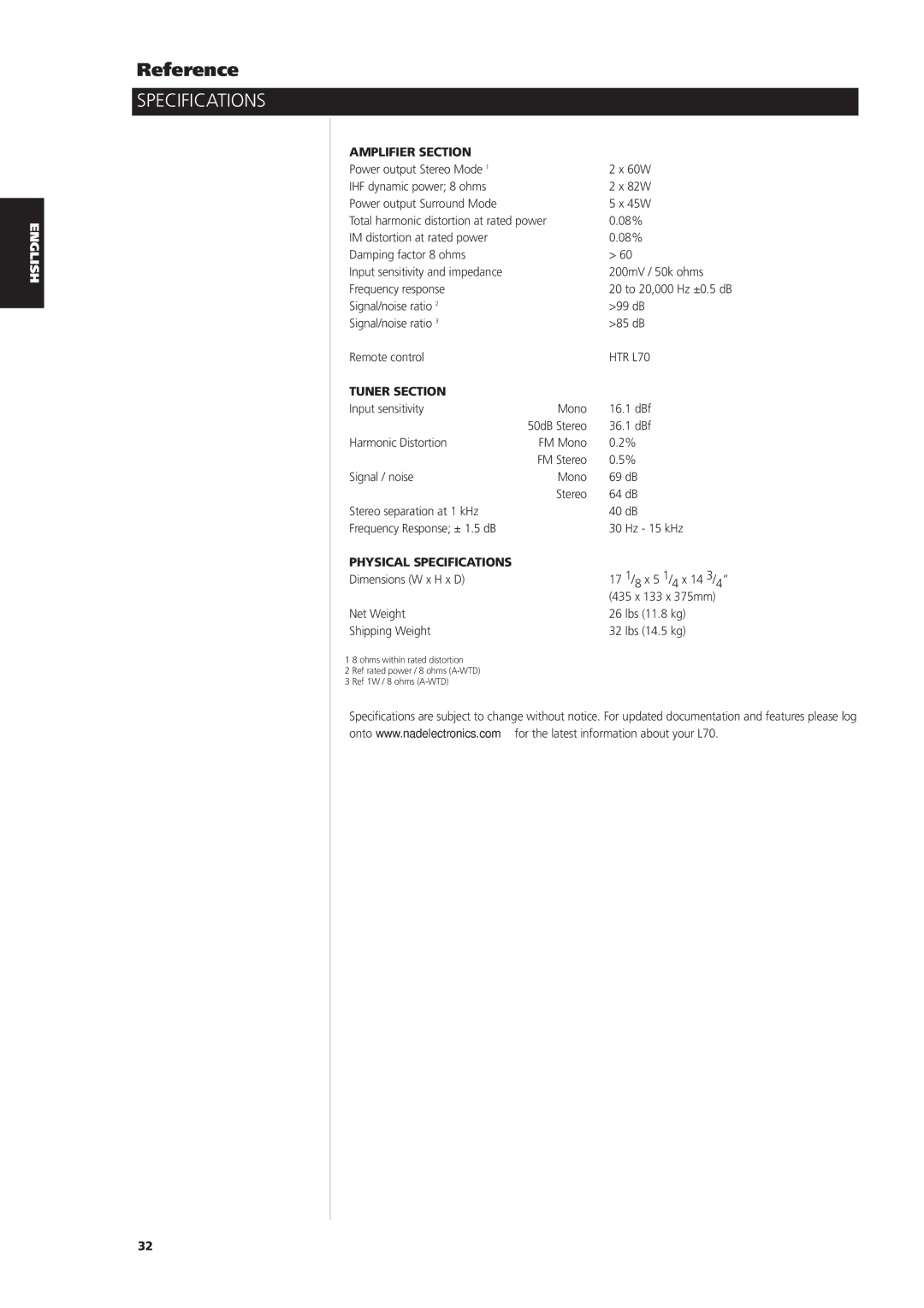 NAD L70 owner manual Amplifier Section, Tuner Section, Physical Specifications 