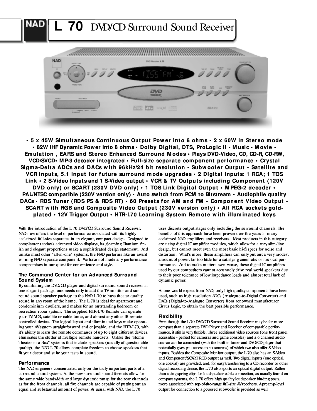 NAD L70 manual L 70 DVD/CD Surround Sound Receiver, Performance, Flexibility 