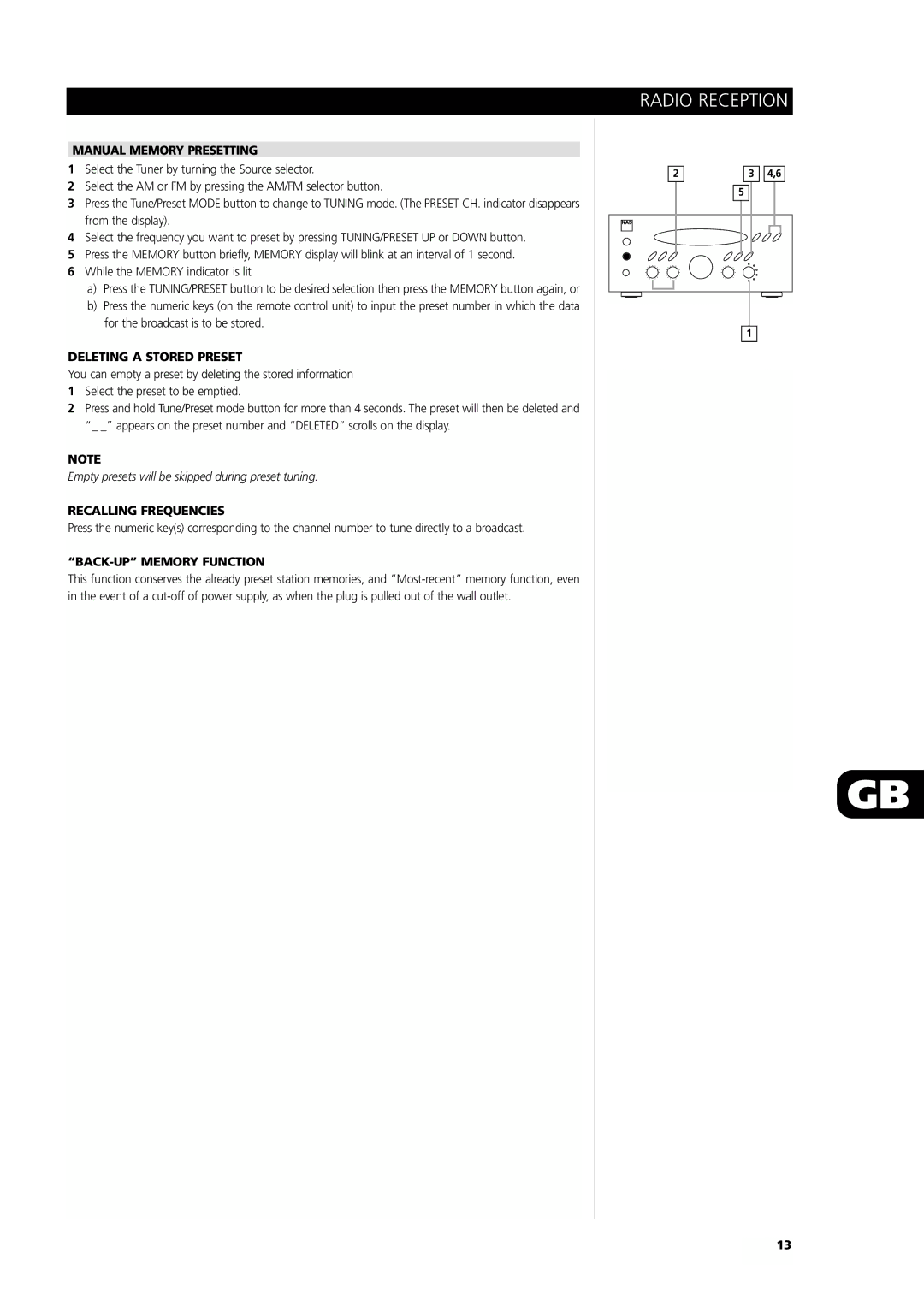 NAD L75 owner manual Manual Memory Presetting, Deleting a Stored Preset, Recalling Frequencies, BACK-UP Memory Function 