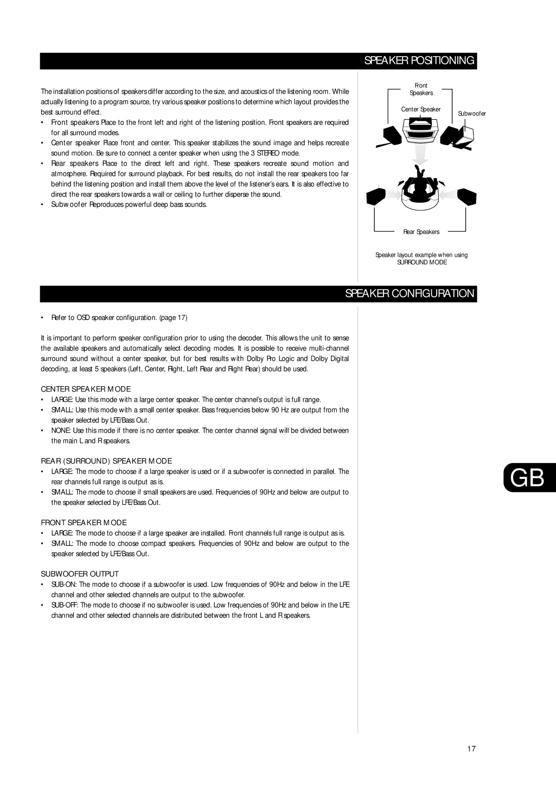 NAD L75 owner manual Speaker Positioning, Speaker Configuration 