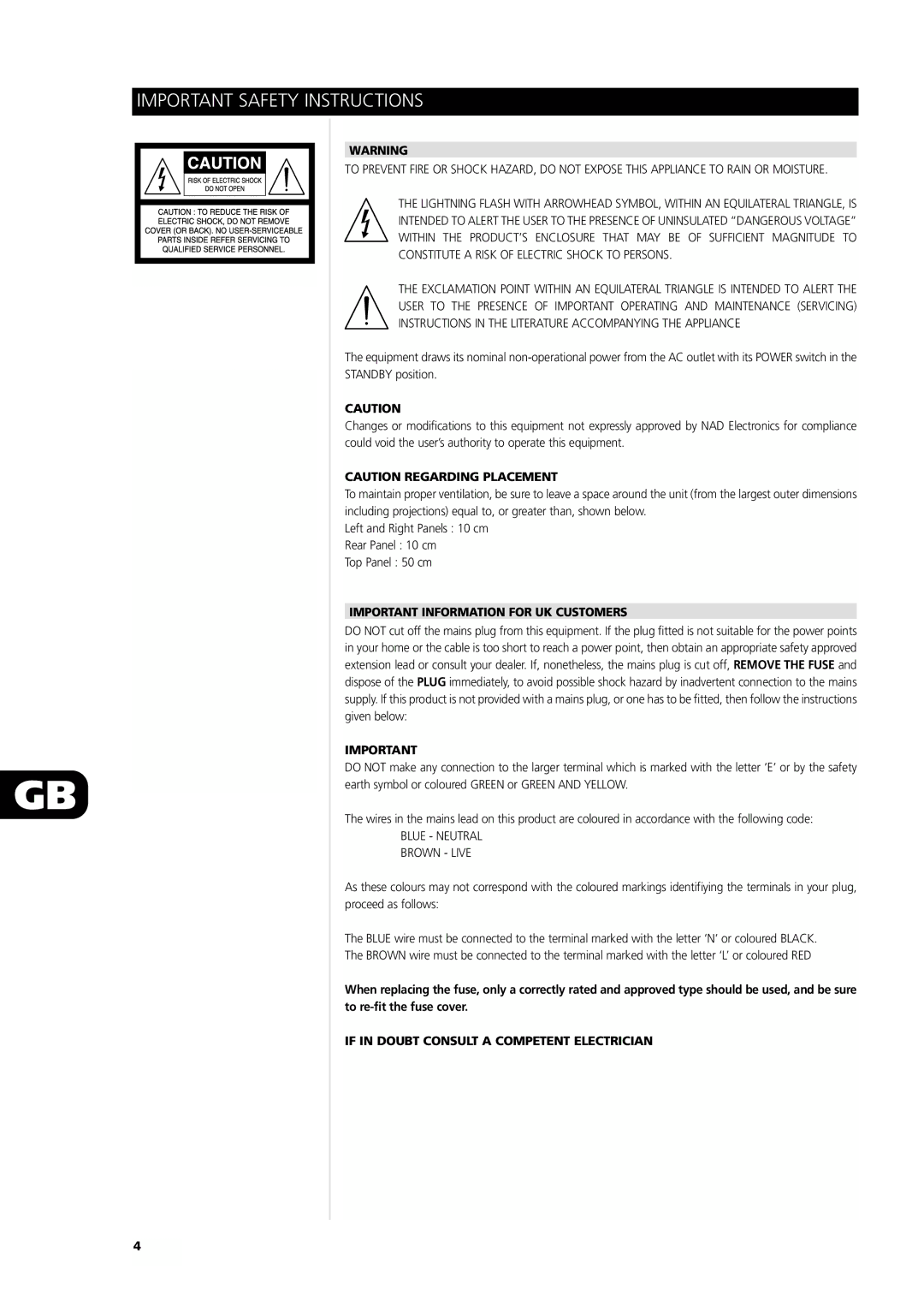 NAD L75 owner manual Important Information for UK Customers, If in Doubt Consult a Competent Electrician 