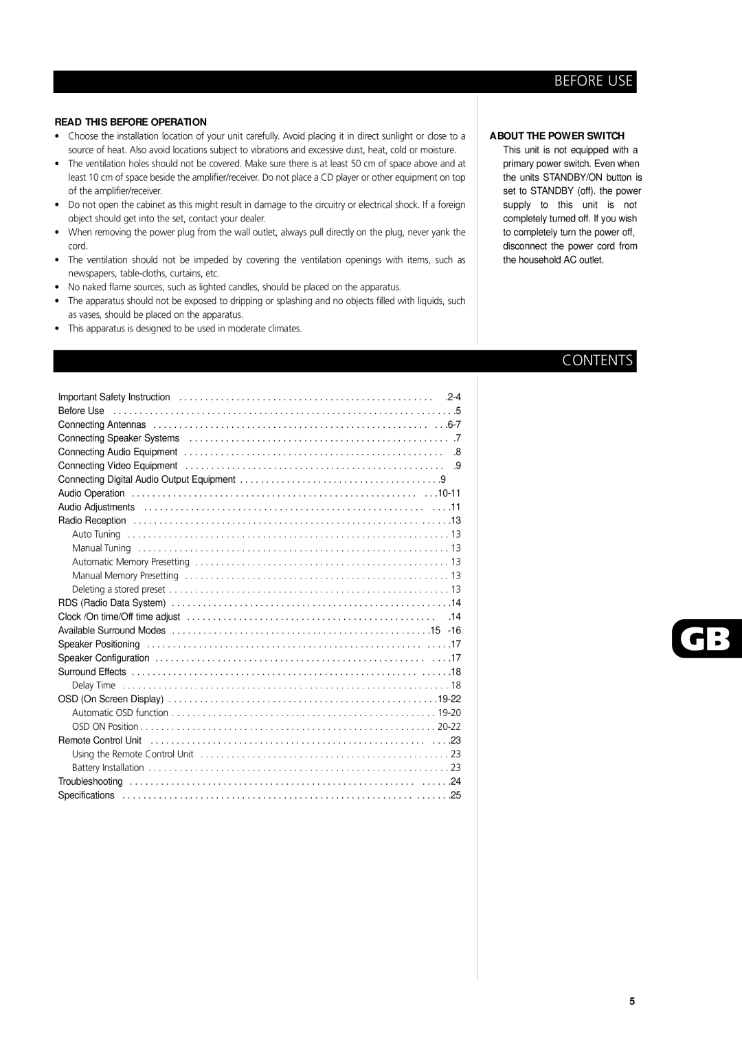 NAD L75 owner manual Before USE, Contents, Read this Before Operation, About the Power Switch 