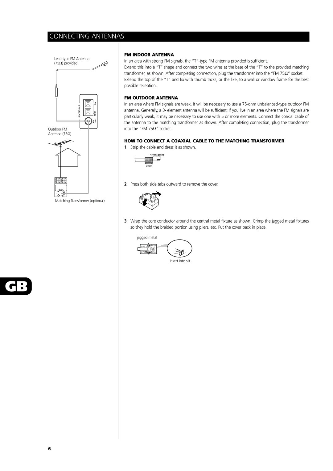 NAD L75 owner manual Connecting Antennas, FM Indoor Antenna, FM Outdoor Antenna 