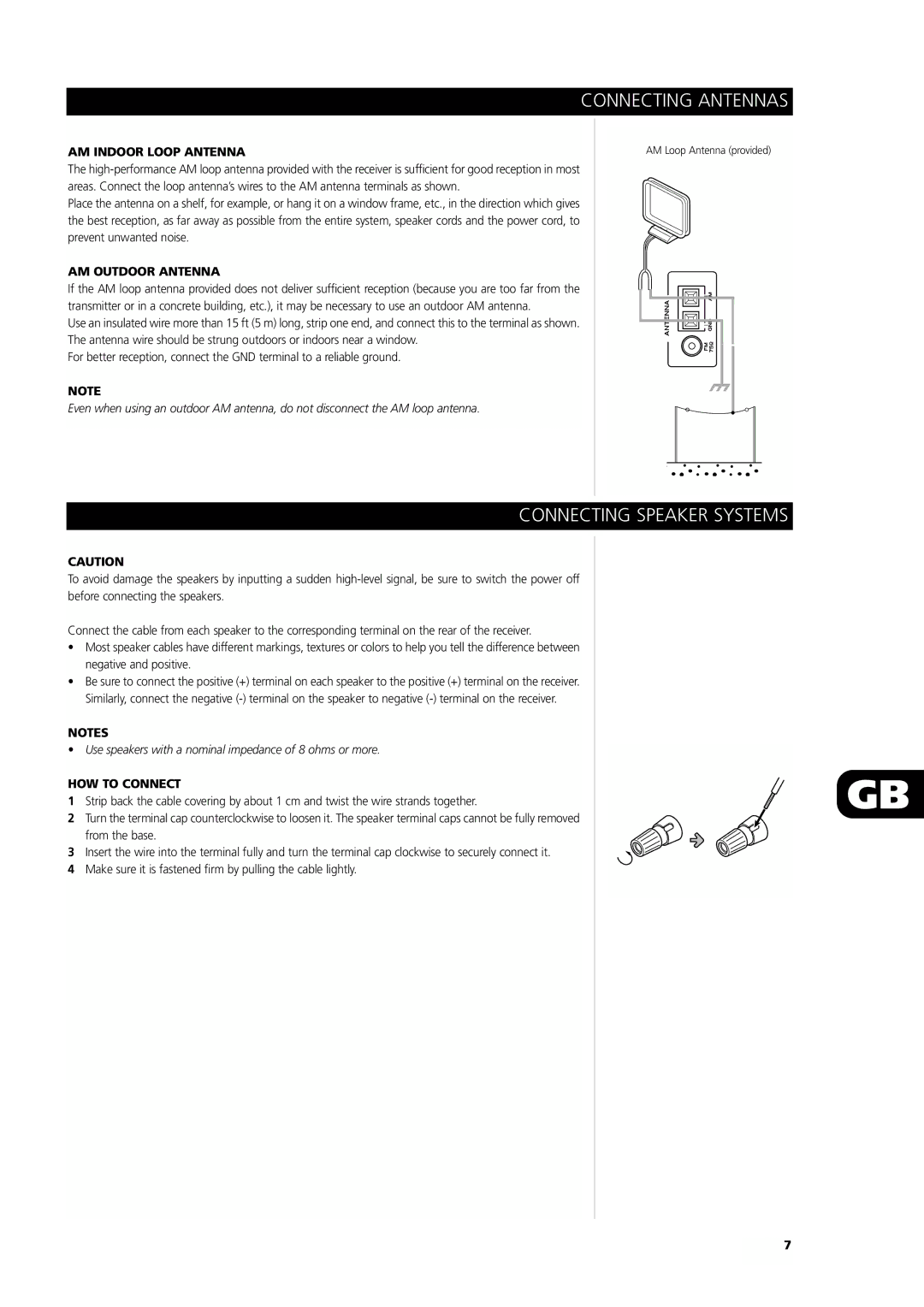 NAD L75 owner manual Connecting Speaker Systems, AM Indoor Loop Antenna, AM Outdoor Antenna, HOW to Connect 