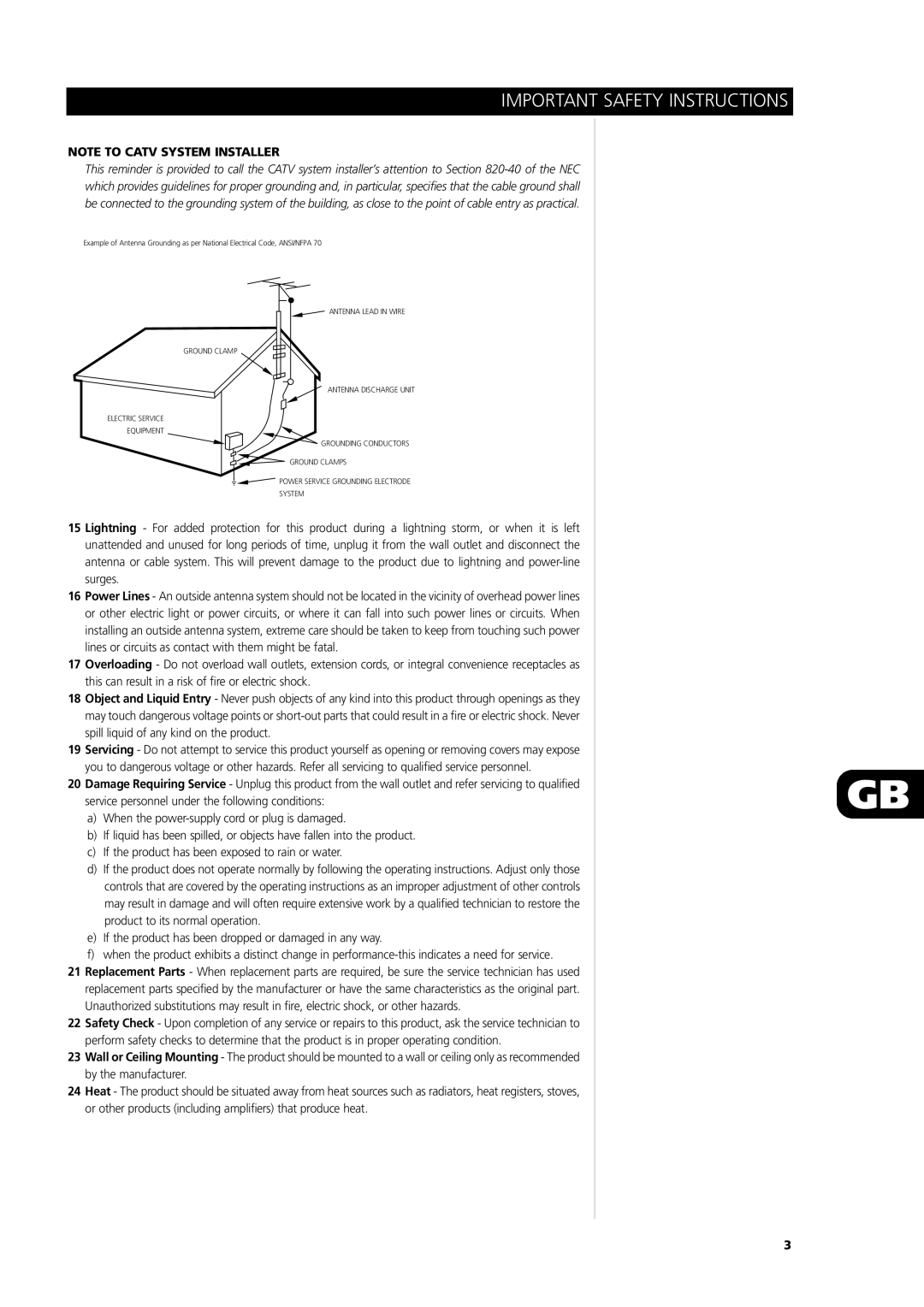 NAD L75 owner manual Note To Catv System Installer, Important Safety Instructions 