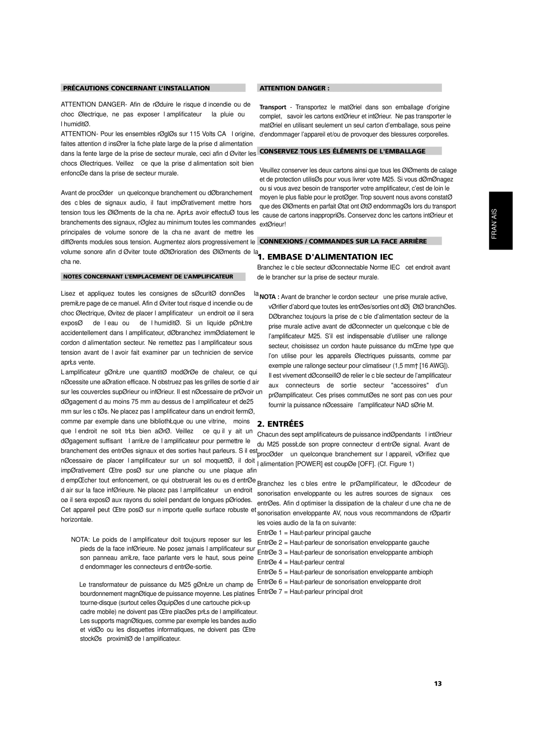 NAD M25 owner manual Embase Dalimentation IEC, Entrées, Précautions Concernant L’INSTALLATION 