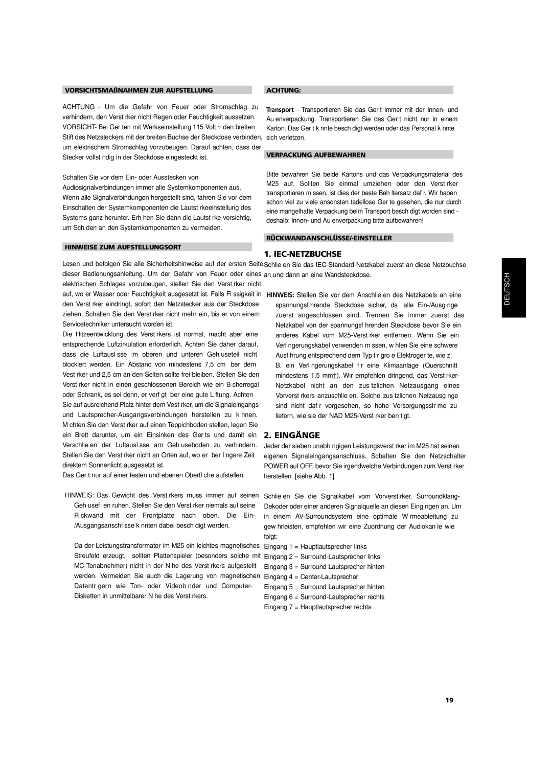 NAD M25 owner manual Iec-Netzbuchse, Eingänge 