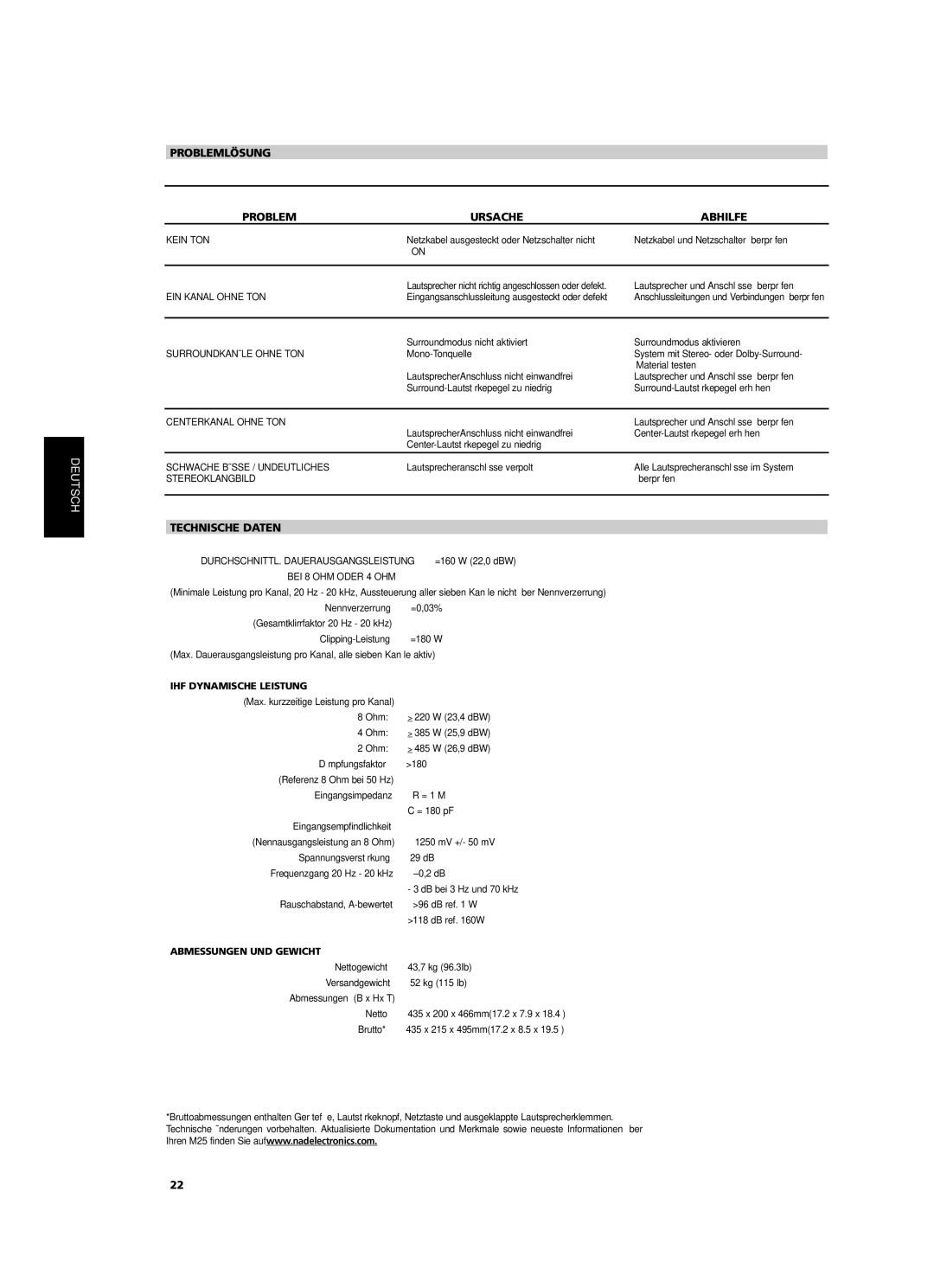 NAD M25 owner manual Problemlösung Ursache Abhilfe, Technische Daten, IHF Dynamische Leistung, Abmessungen UND Gewicht 