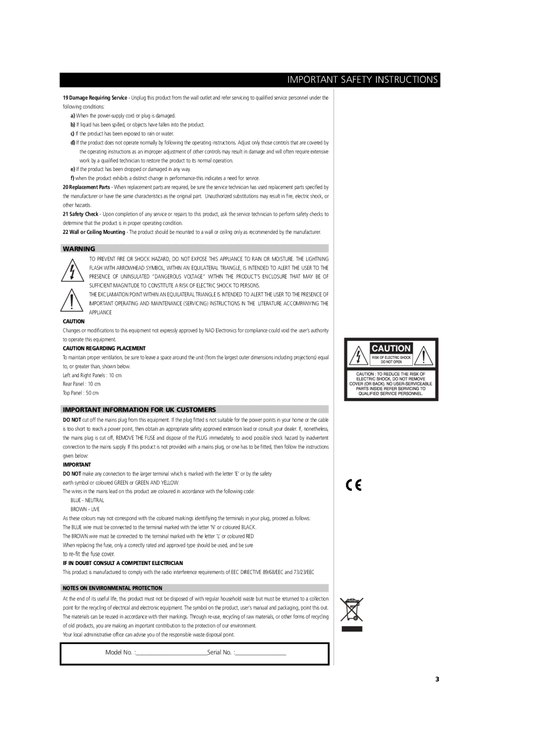 NAD M25 Important Information for UK Customers, Blue Neutral Brown Live, If in Doubt Consult a Competent Electrician 