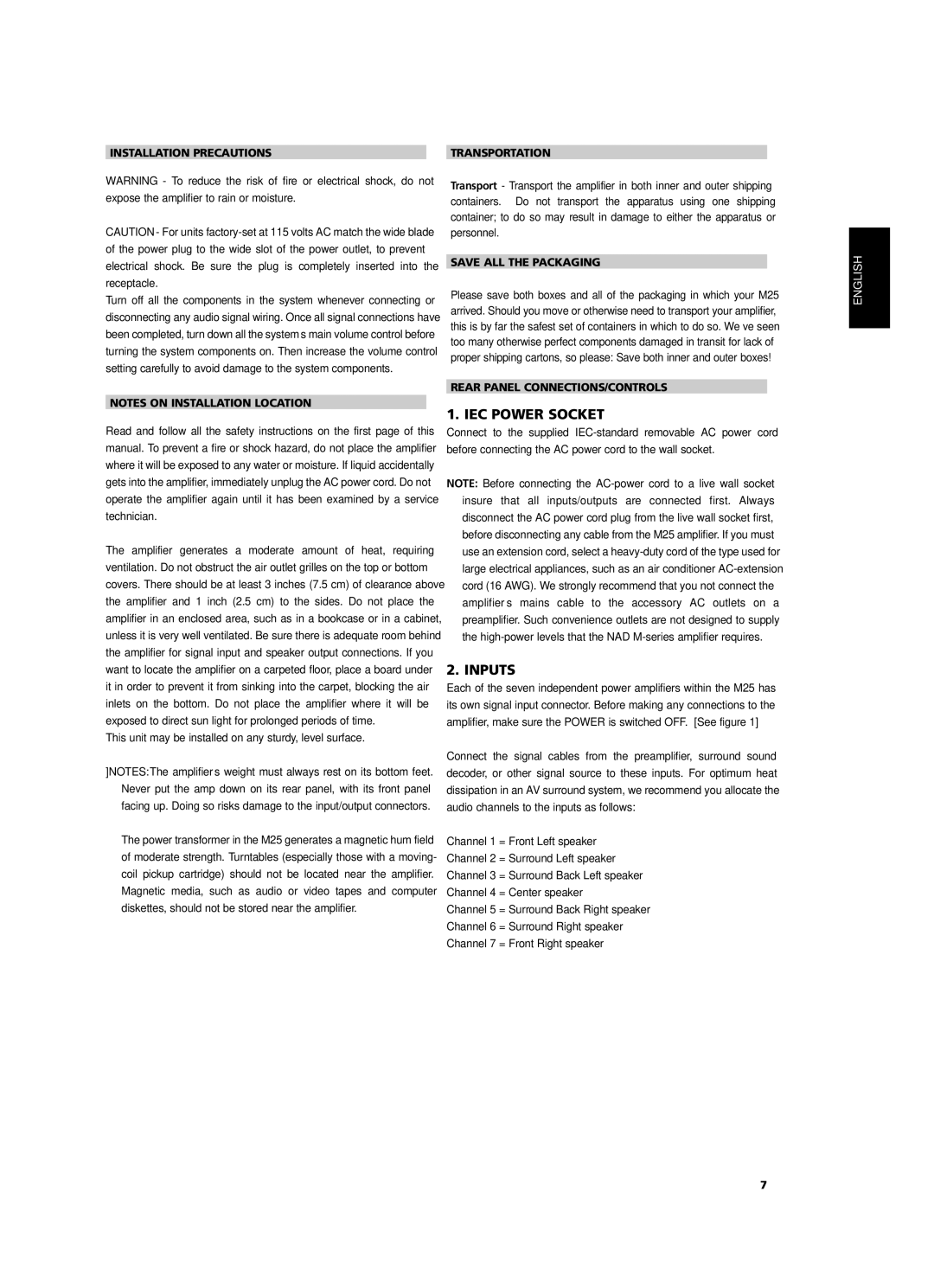 NAD M25 IEC Power Socket, Inputs, Installation Precautions, Save ALL the Packaging, Rear Panel CONNECTIONS/CONTROLS 