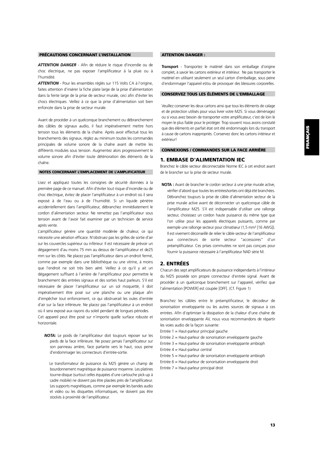 NAD M25 owner manual Embase Dalimentation Iec, Entrées, Précautions Concernant L’Installation, Attention Danger 