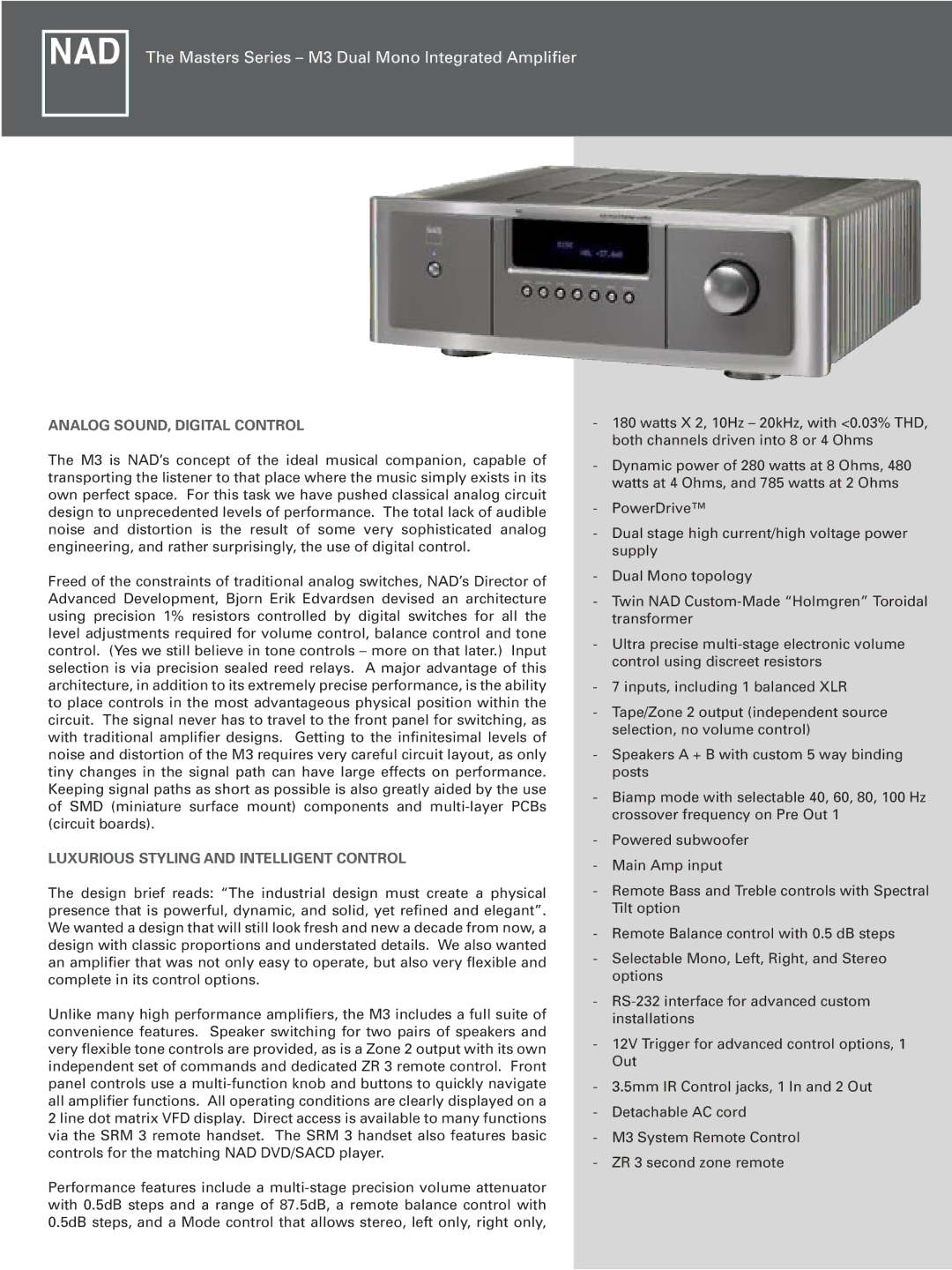 NAD M3 manual Analog SOUND, Digital Control, Luxurious Styling and Intelligent Control 