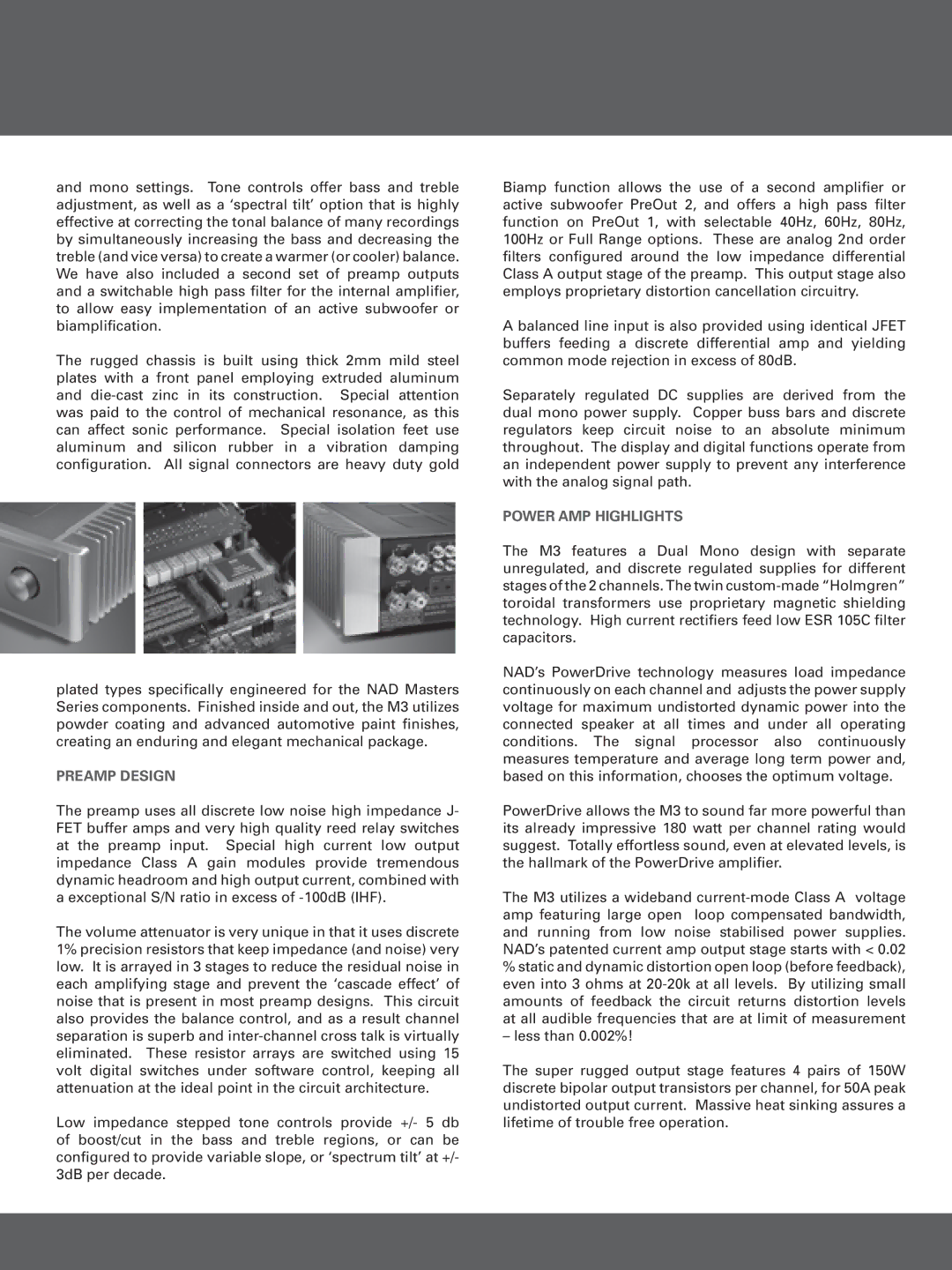 NAD M3 manual Preamp Design, Power AMP Highlights 