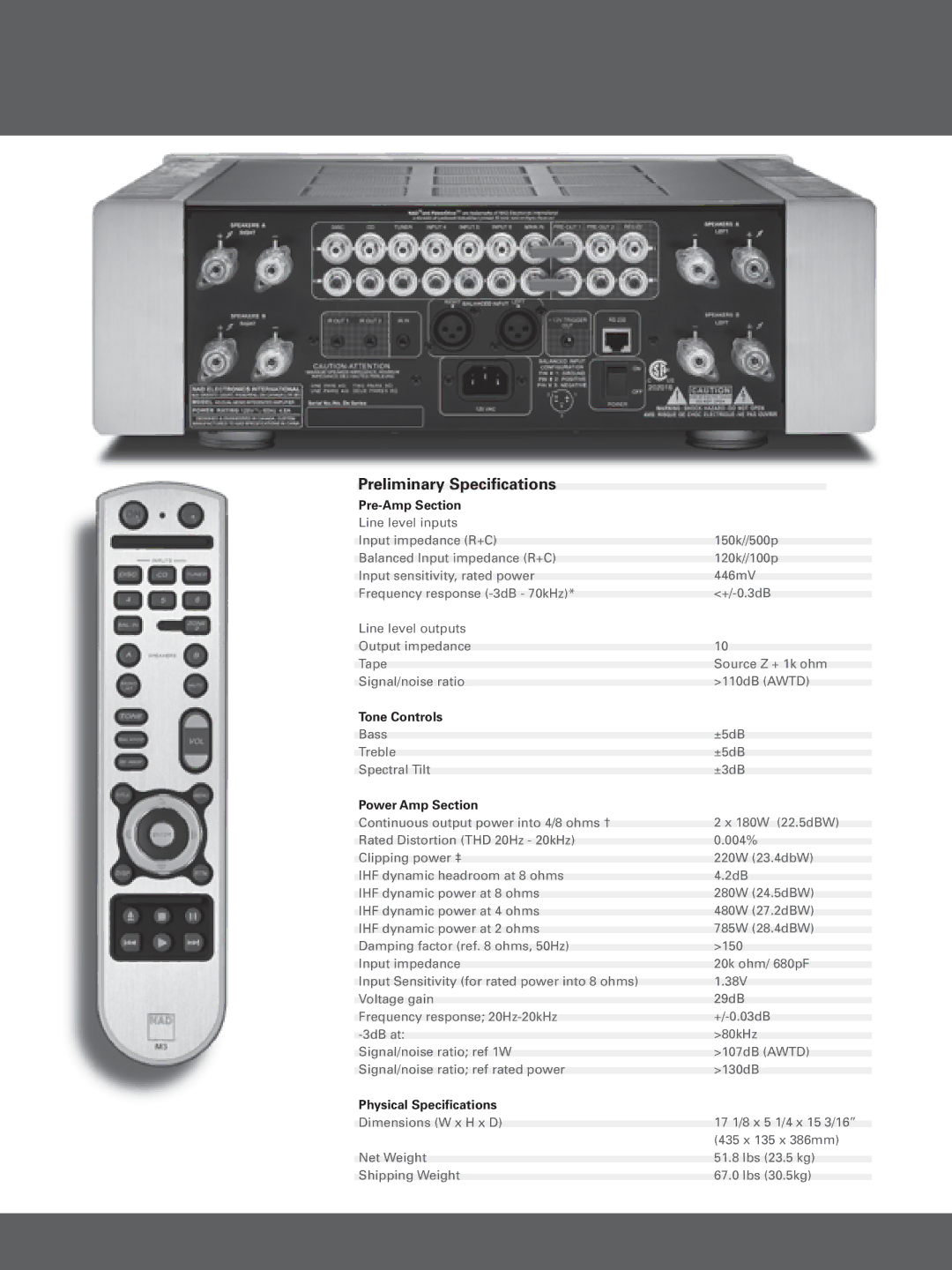 NAD M3 manual Preliminary Speciﬁcations 