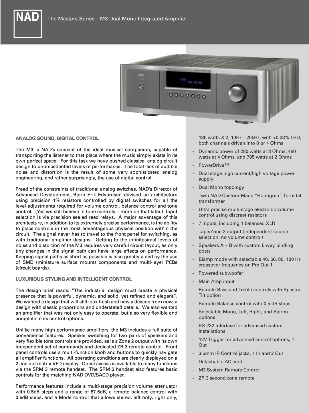 NAD M3 manual Analog Sound, Digital Control, Luxurious Styling And Intelligent Control 