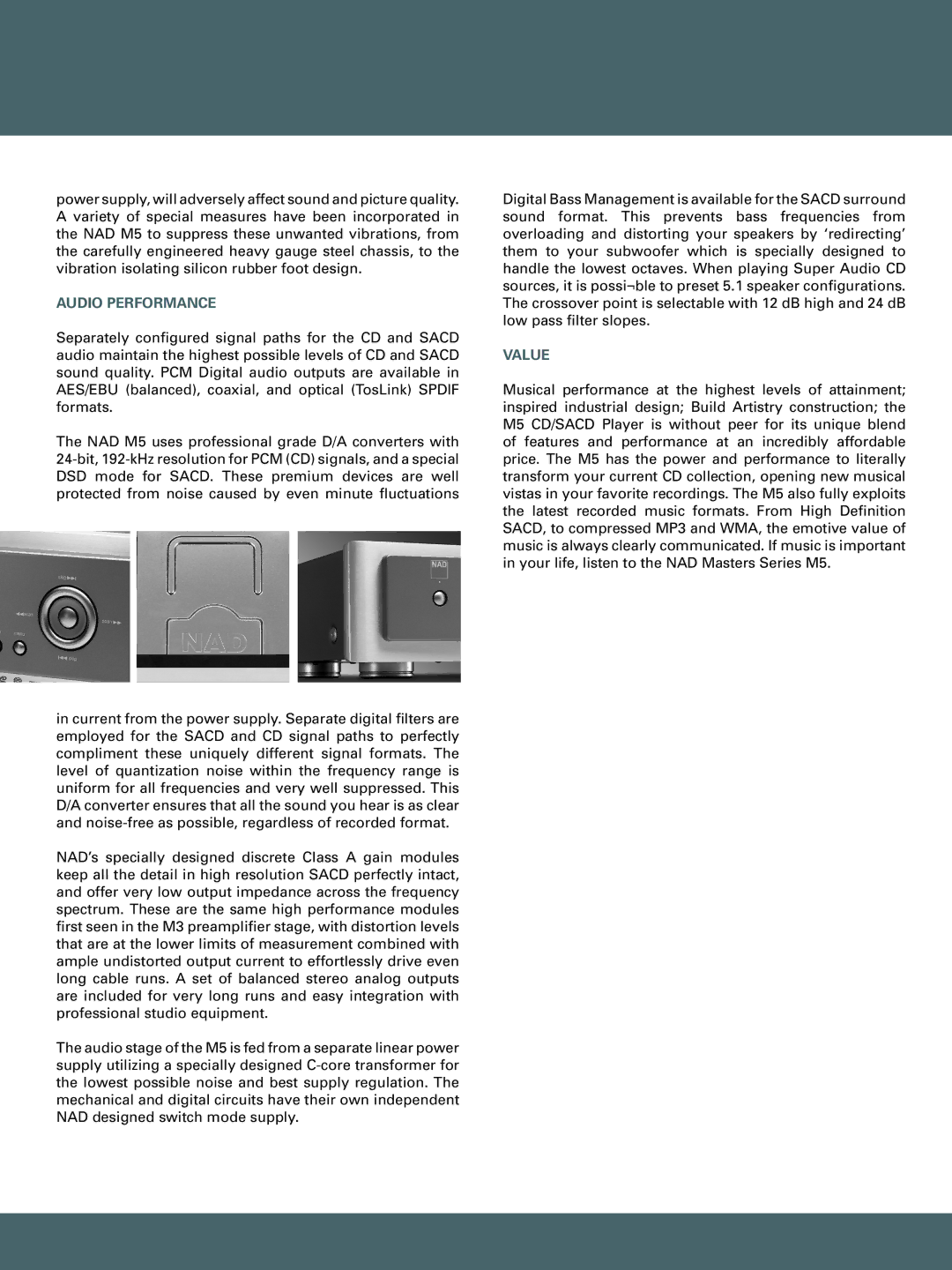 NAD M5 manual Audio Performance, Value 