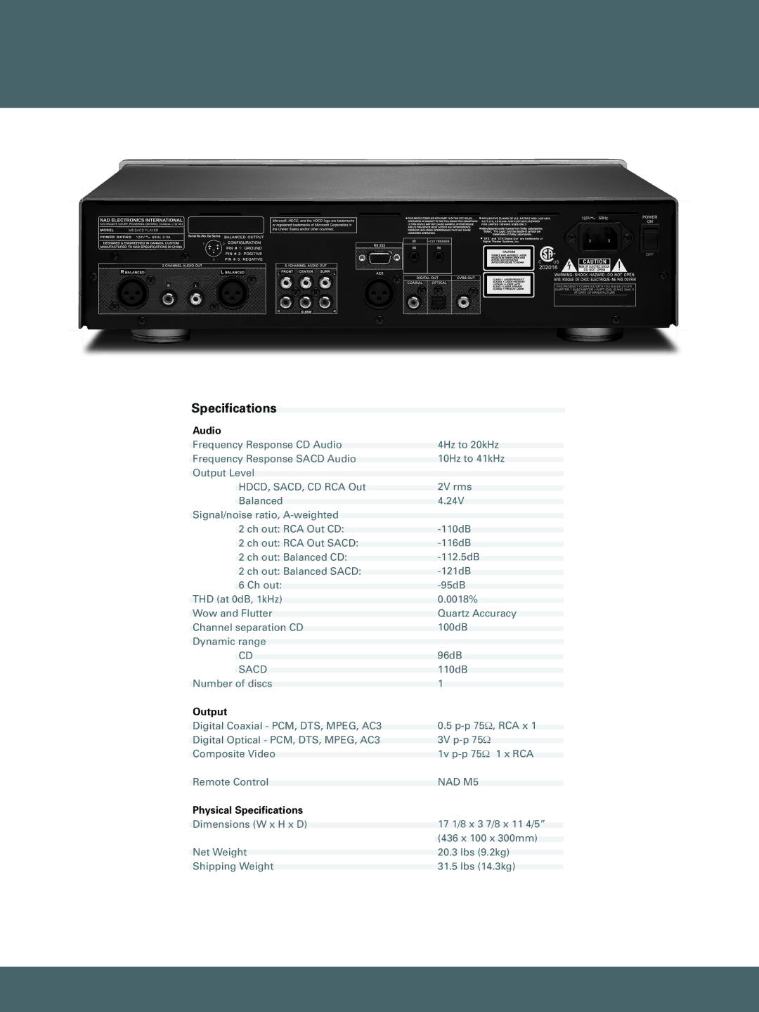 NAD M5 manual Speciﬁcations 