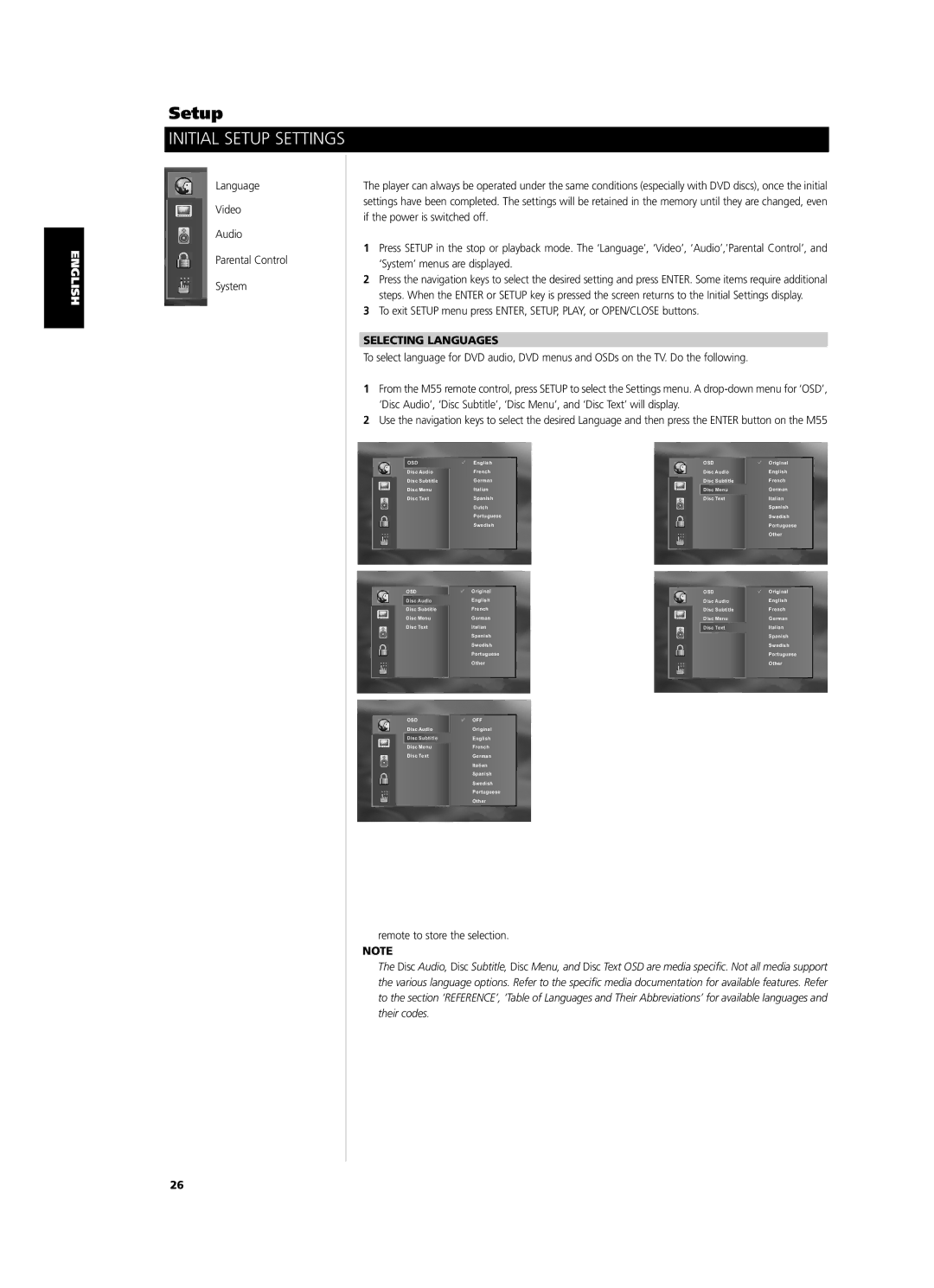 NAD M55 owner manual Initial Setup Settings, Selecting Languages 