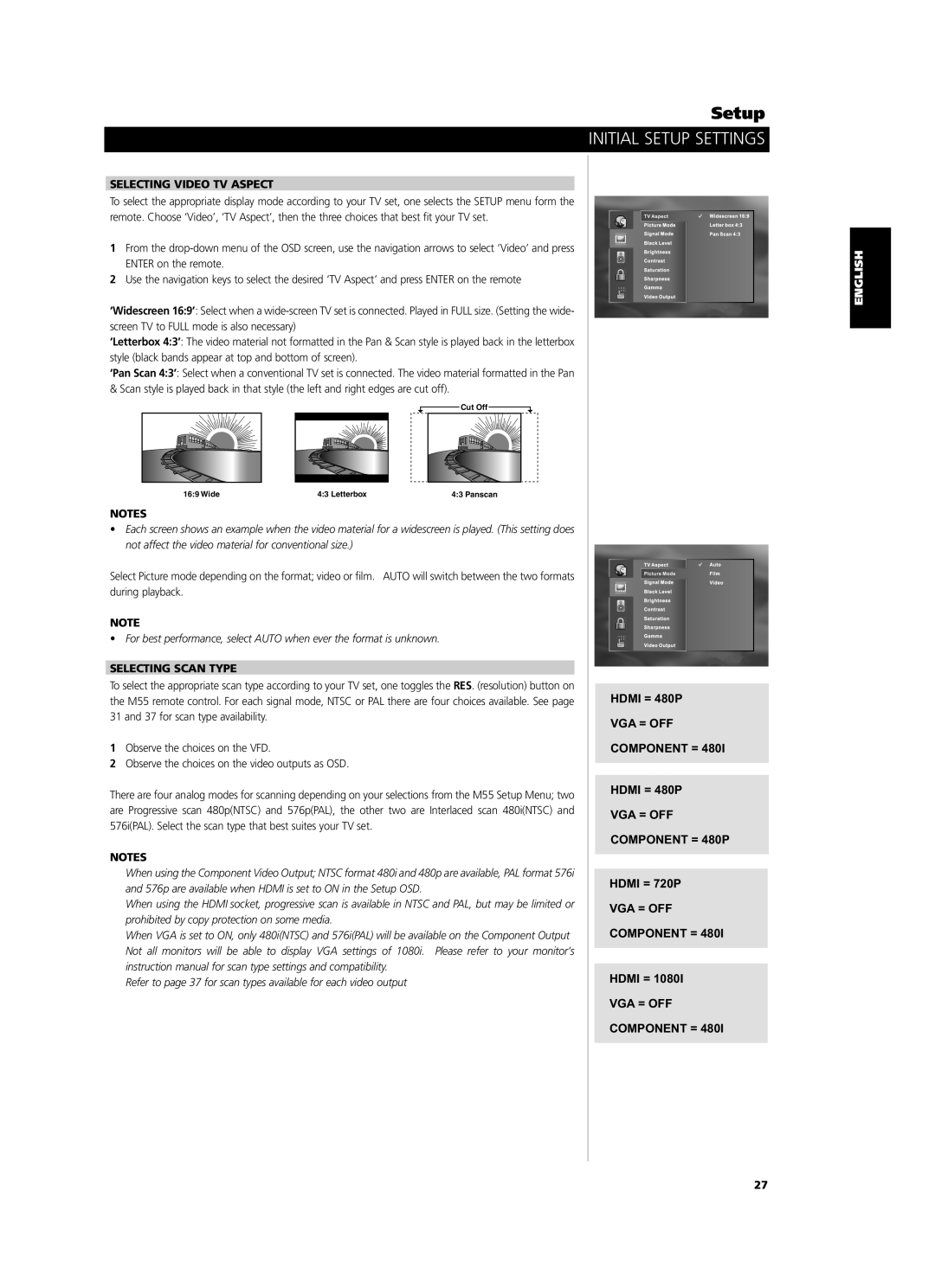 NAD M55 owner manual Selecting Video TV Aspect, Selecting Scan Type, VGA = OFF Component = 480P 