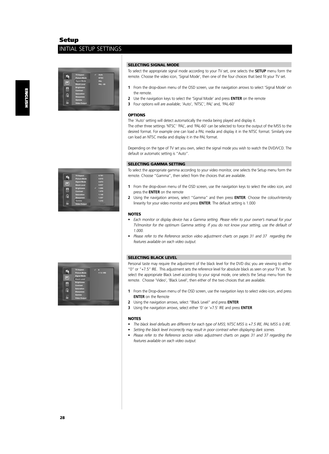 NAD M55 owner manual Selecting Signal Mode, Options, Selecting Gamma Setting, Selecting Black Level 