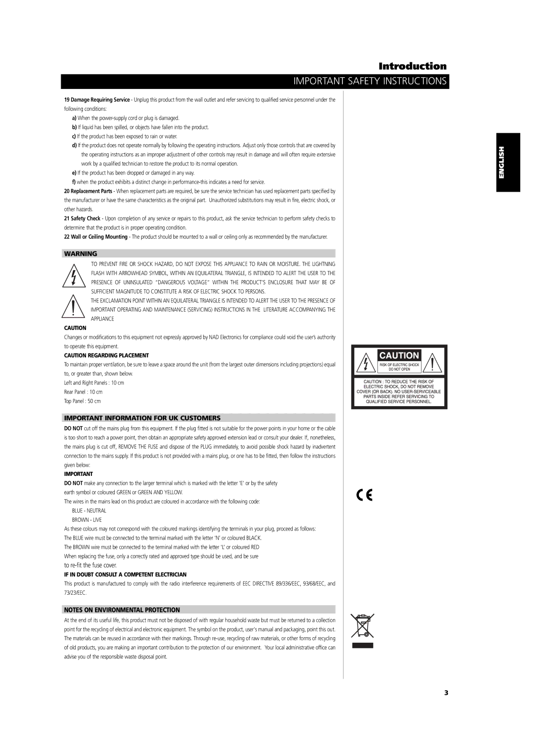 NAD M55 owner manual Important Information for UK Customers, Blue Neutral Brown Live 