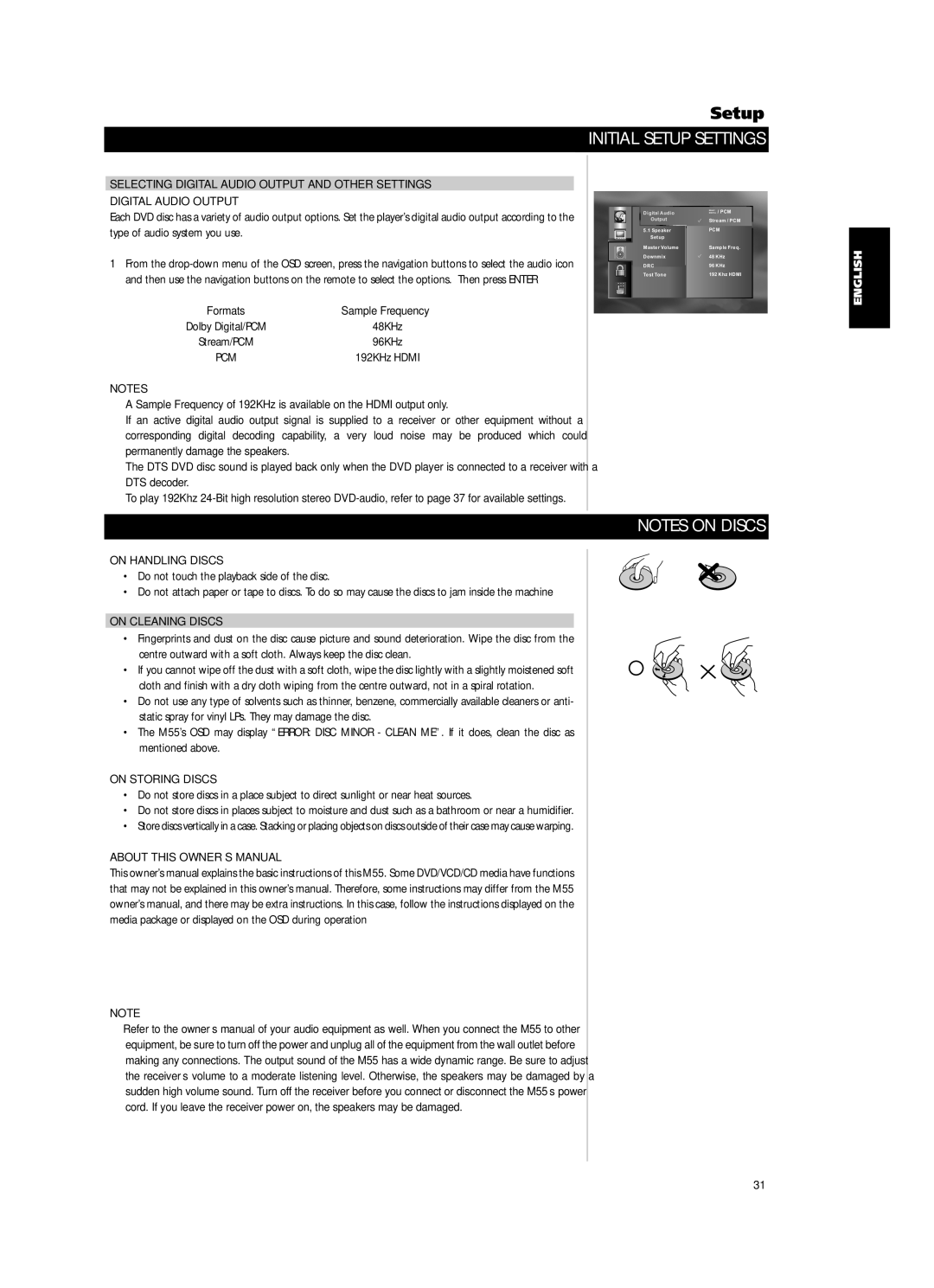 NAD M55 Selecting Digital Audio Output and Other Settings, On Handling Discs, On Cleaning Discs, On Storing Discs 