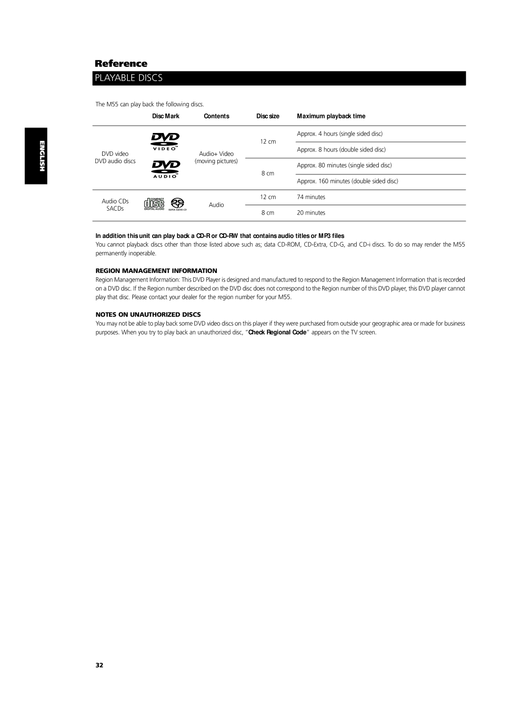 NAD M55 owner manual Playable Discs, Disc Mark, Maximum playback time, Region Management Information 