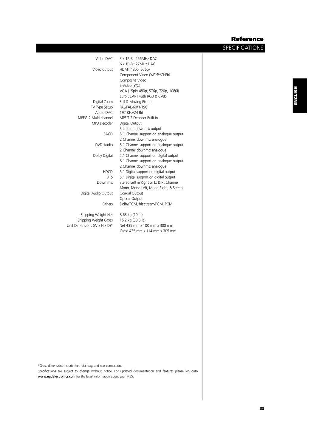 NAD M55 owner manual Specifications, PAL/PAL-60/ Ntsc 