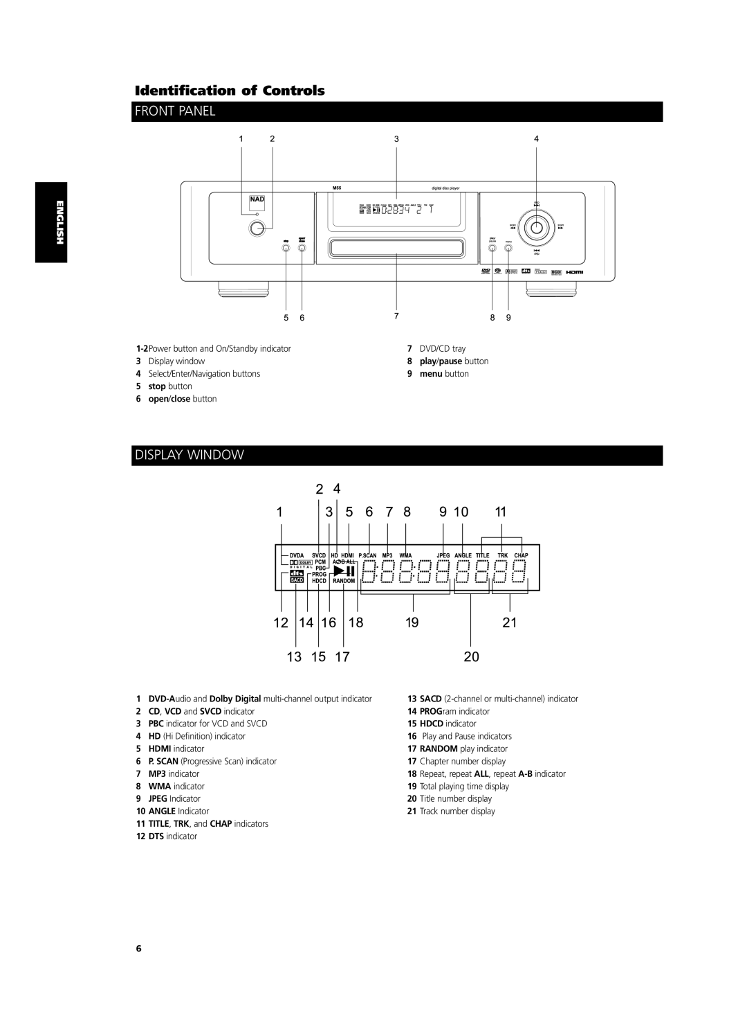 NAD M55 owner manual Front Panel, Display Window, Select/Enter/Navigation buttons Menu button, Open/close button 