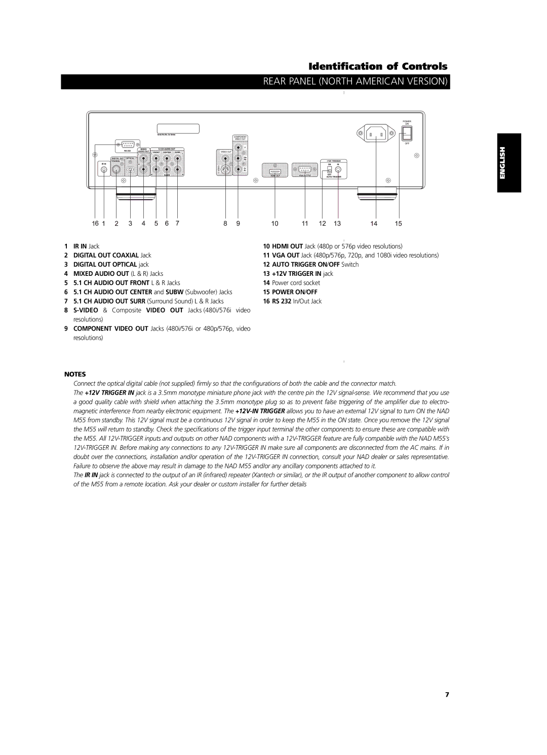 NAD M55 owner manual Rear Panel North American Version, Power on /OFF 