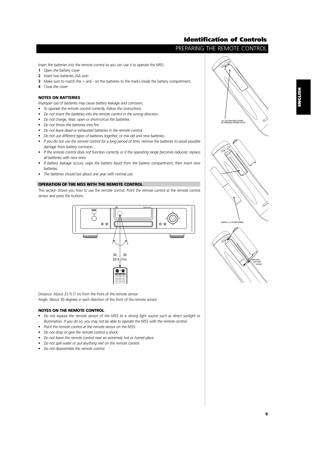 NAD owner manual Preparing the Remote Control, Operation of the M55 with the Remote Control 