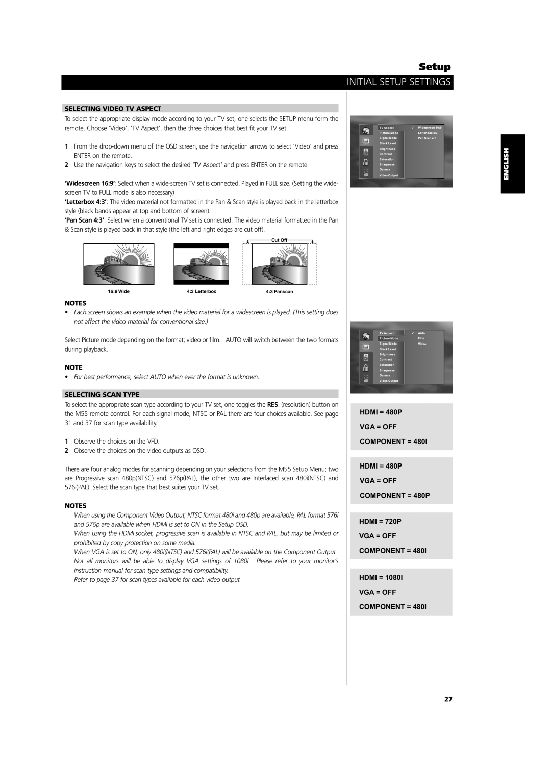 NAD M55 owner manual Initial Setup Settings, Selecting Video Tv Aspect, Selecting Scan Type, Vga = Off Component = 