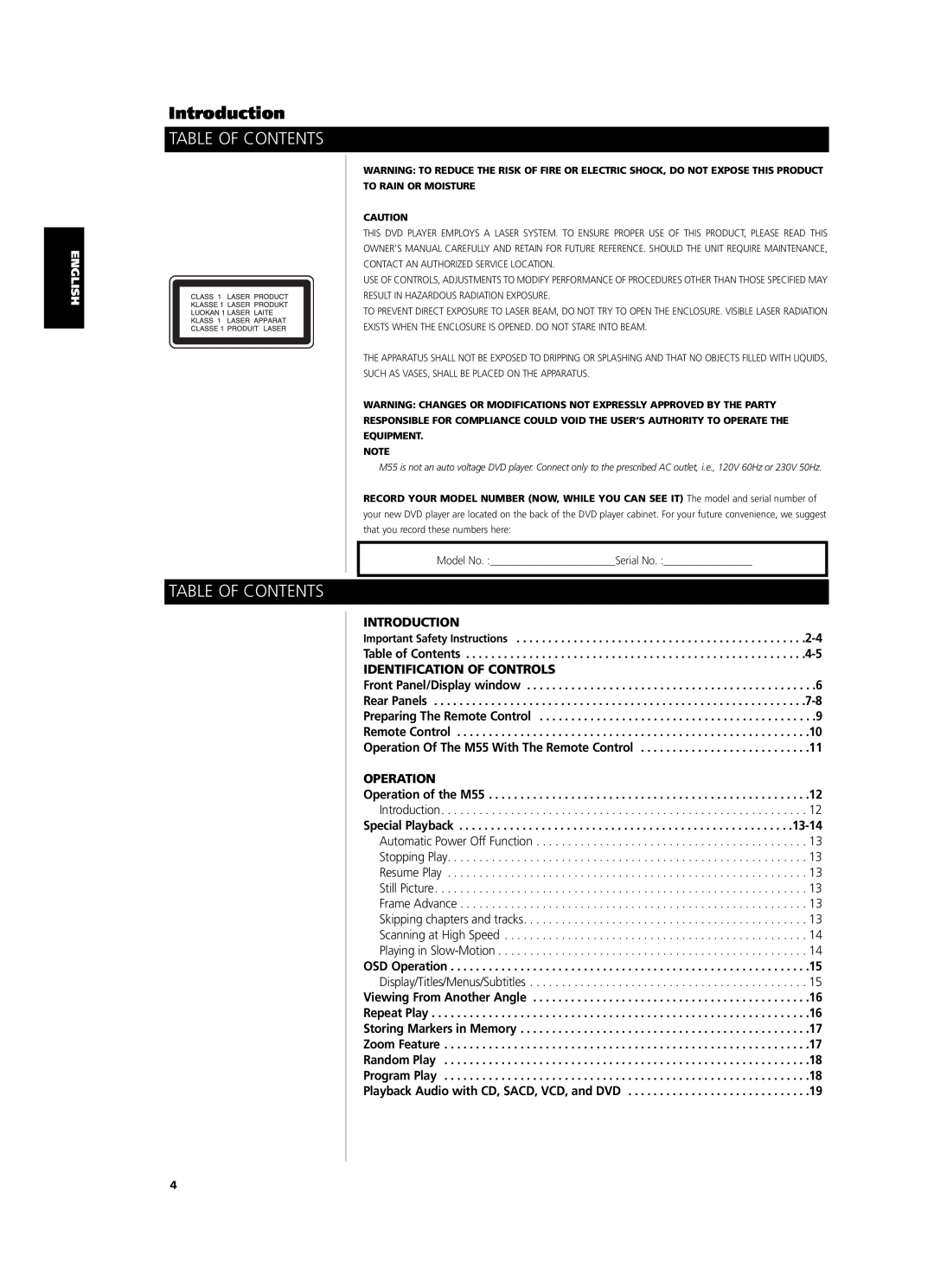 NAD M55 owner manual Table Of Contents, Introduction, INTRODUCTION Important Safety Instructions Table of Contents 