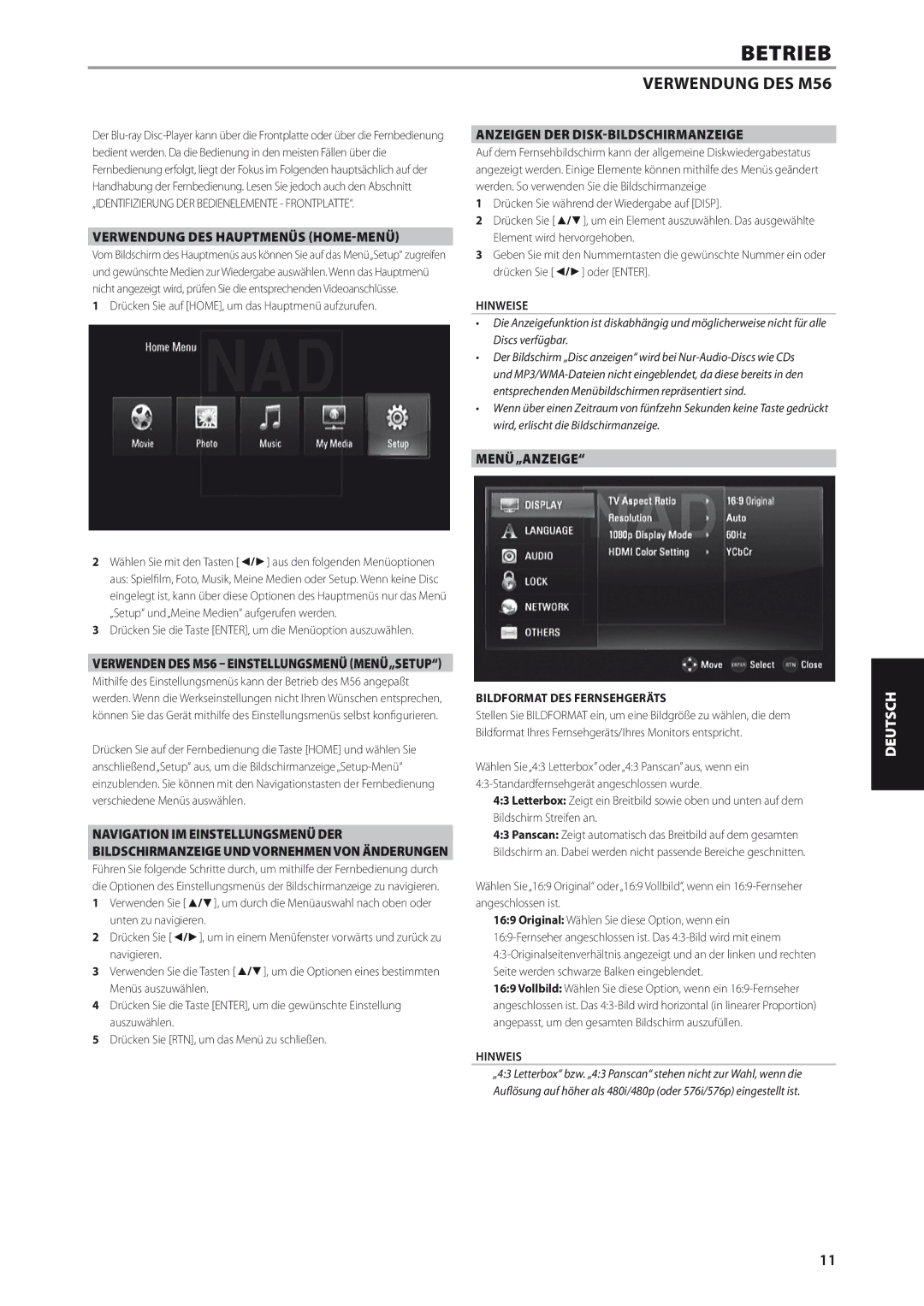 NAD manual Betrieb, Verwendung DES M56, Verwendung DES Hauptmenüs HOME-MENÜ, Anzeigen DER DISK-BILDSCHIRMANZEIGE 