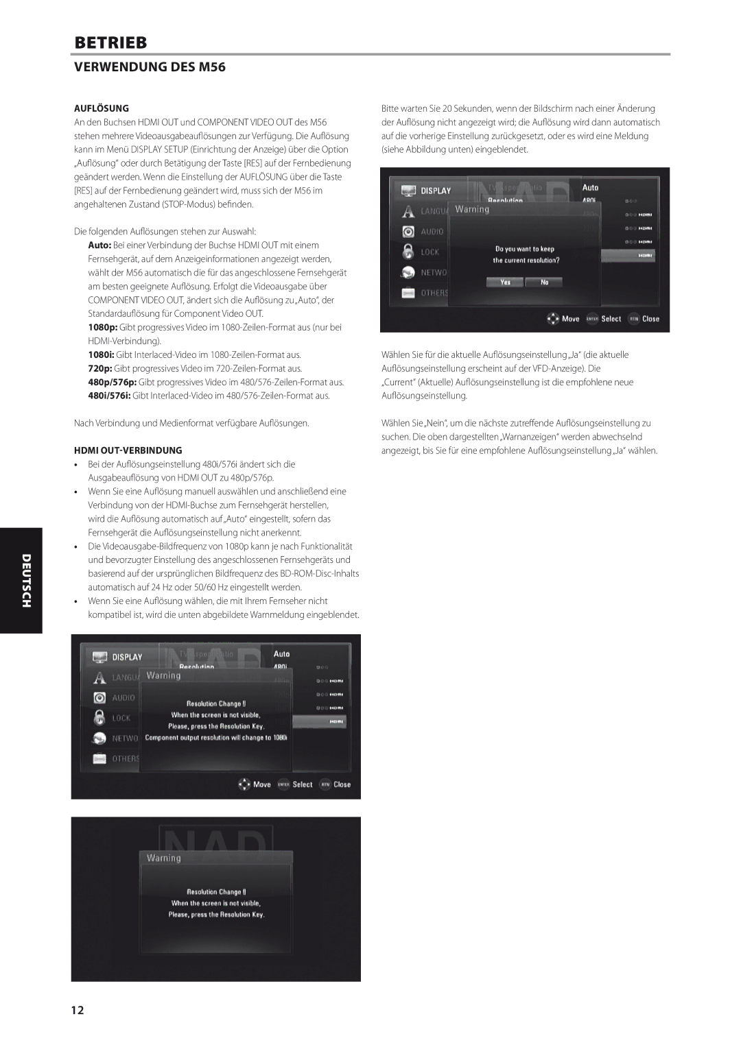 NAD M56 manual Die folgenden Auflösungen stehen zur Auswahl, Hdmi OUT-VERBINDUNG 