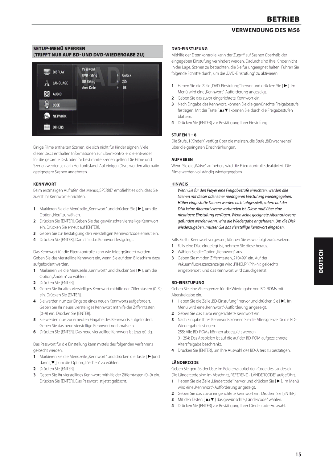 NAD M56 manual SETUP-MENÜ Sperren Trifft NUR AUF BD- UND DVD-WIEDERGABE ZU 