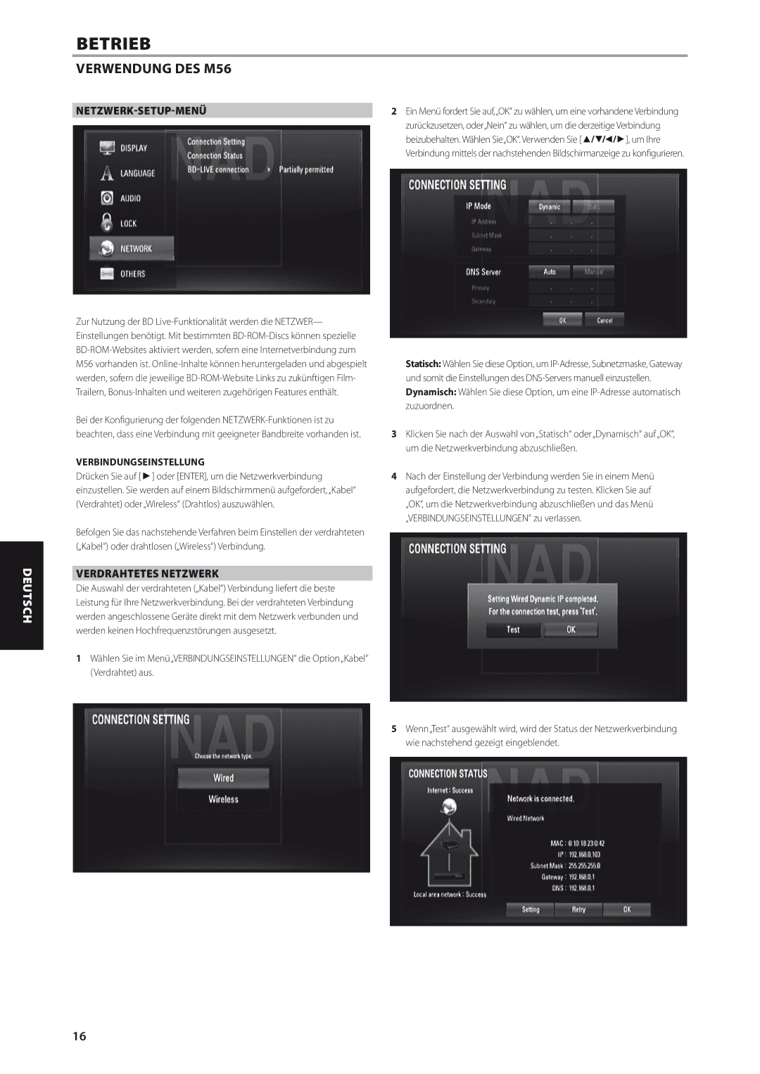 NAD M56 manual Netzwerk-Setup-Menü, Verdrahtetes Netzwerk, Verbindungseinstellung 