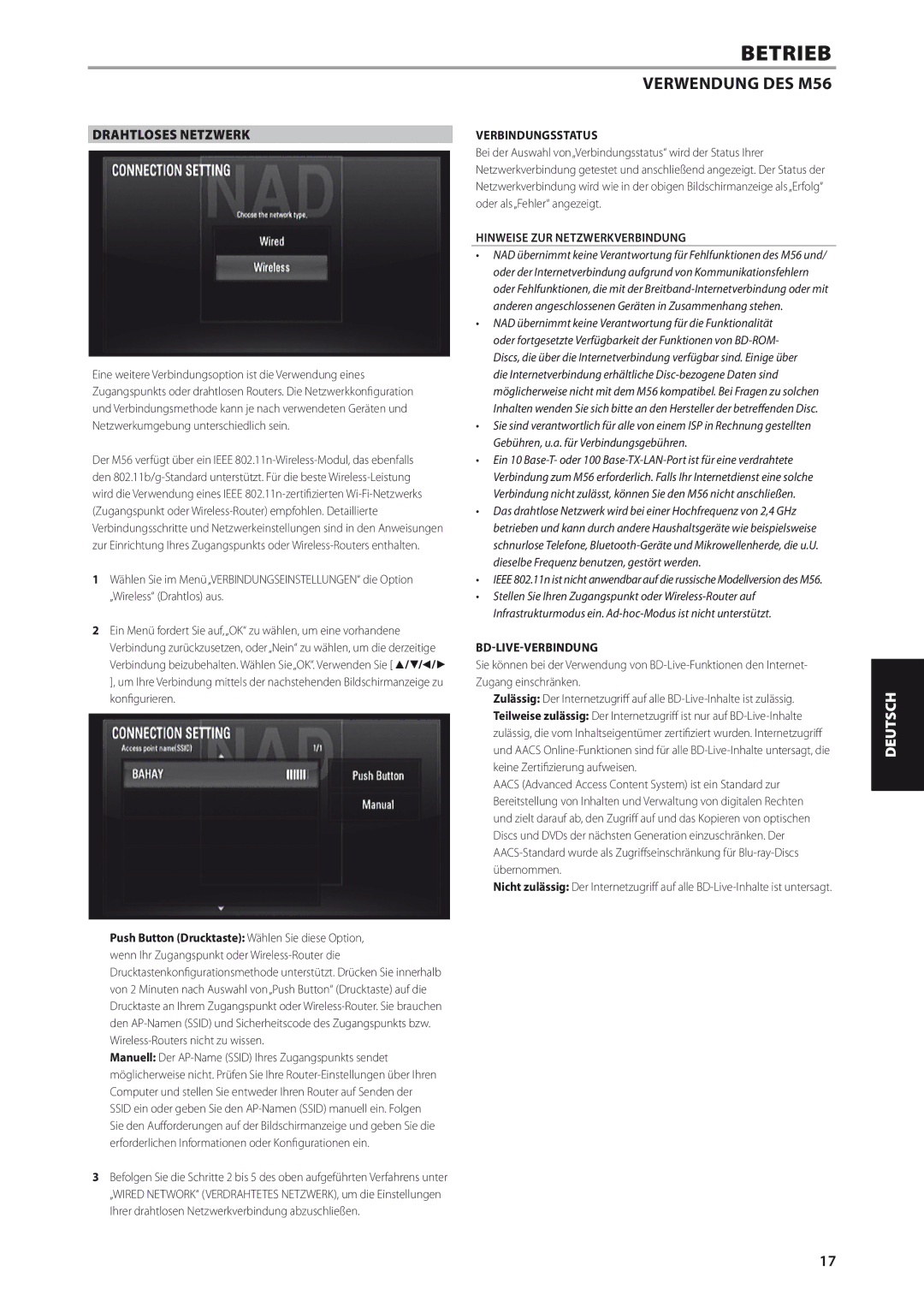 NAD M56 manual Drahtloses Netzwerk, Verbindungsstatus, Hinweise ZUR Netzwerkverbindung, Bd-Live-Verbindung 