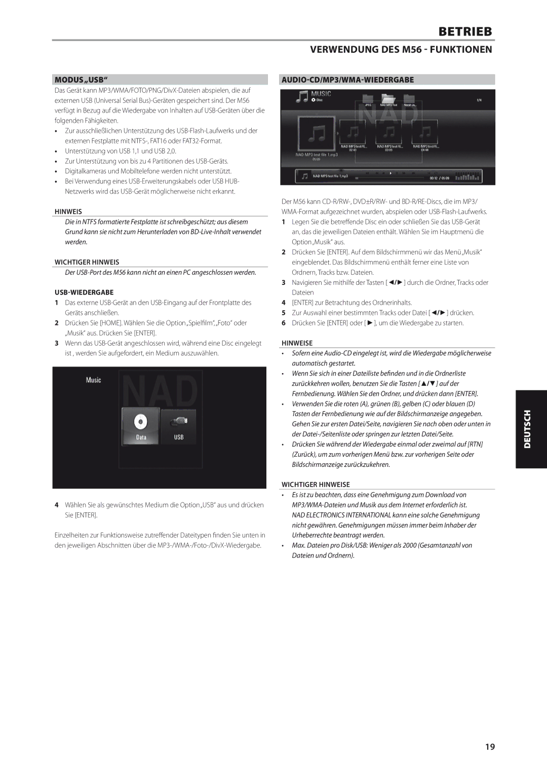 NAD manual Verwendung DES M56 Funktionen, Modus „USB, AUDIO-CD/MP3/WMA-WIEDERGABE, Usb-Wiedergabe, Wichtiger Hinweise 