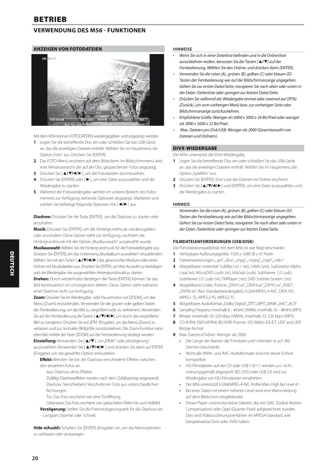 NAD M56 manual Anzeigen VON Fotodateien, Divx-Wiedergabe, Um„Effekt oder„Verzögerung, Filmdateianforderungen USB/DISK 