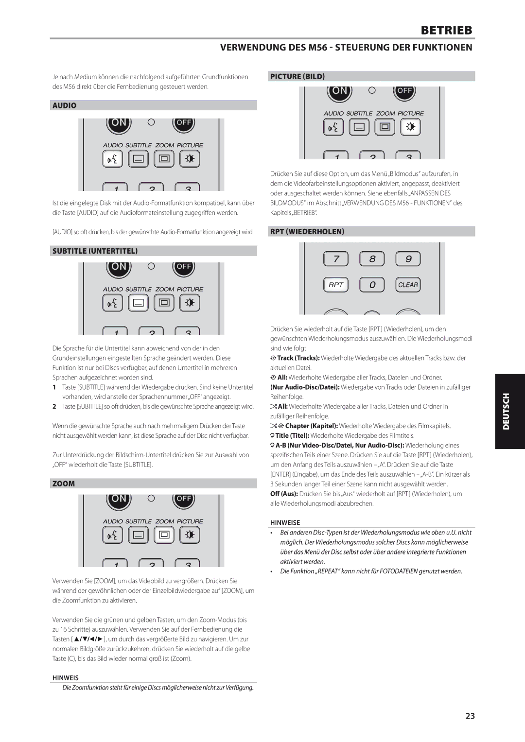 NAD M56 manual Picture Bild, Audio, Subtitle Untertitel, Zoom, RPT Wiederholen 