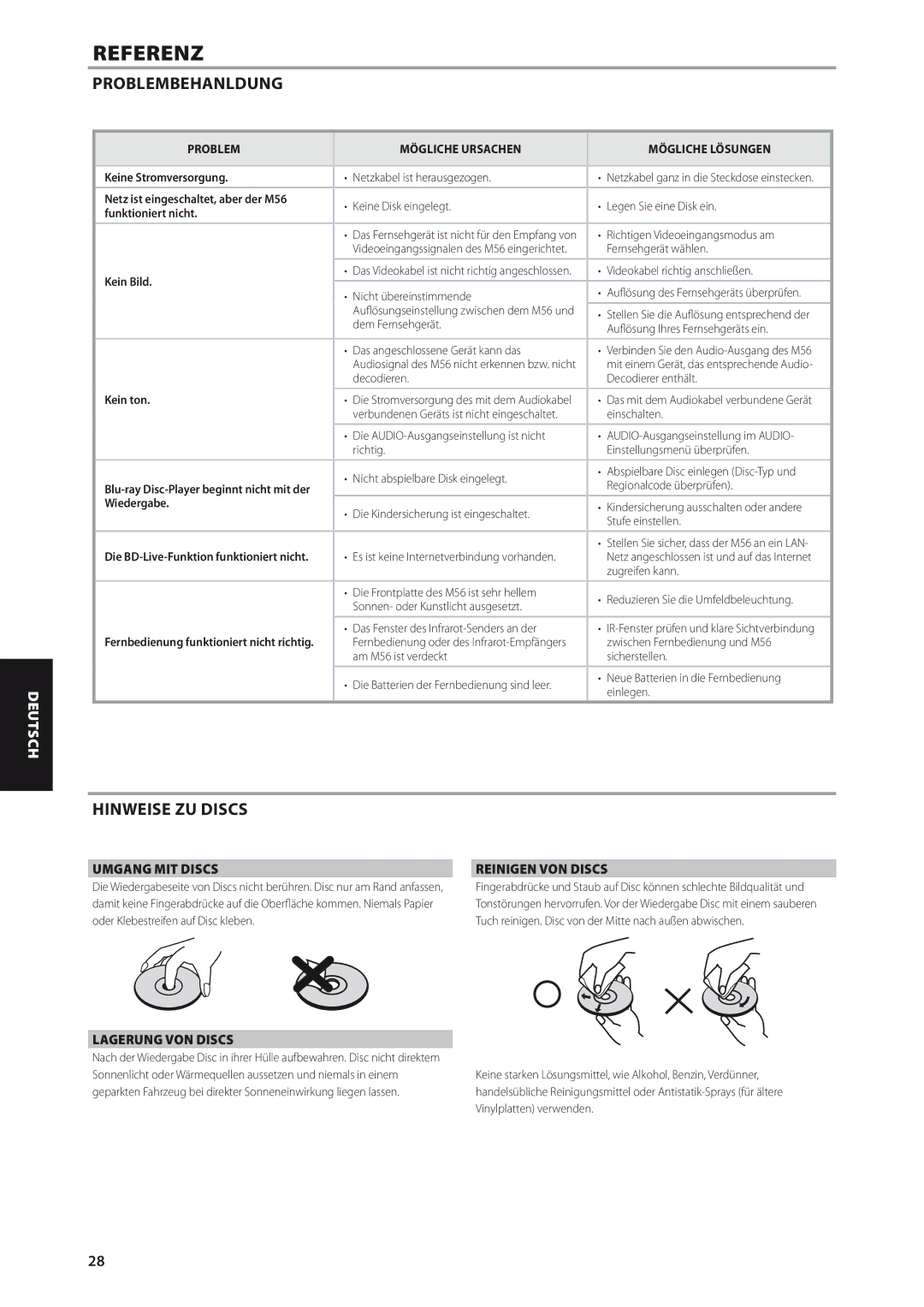 NAD M56 manual Problembehanldung, Hinweise ZU Discs, Umgang MIT Discs, Lagerung VON Discs, Reinigen VON Discs 