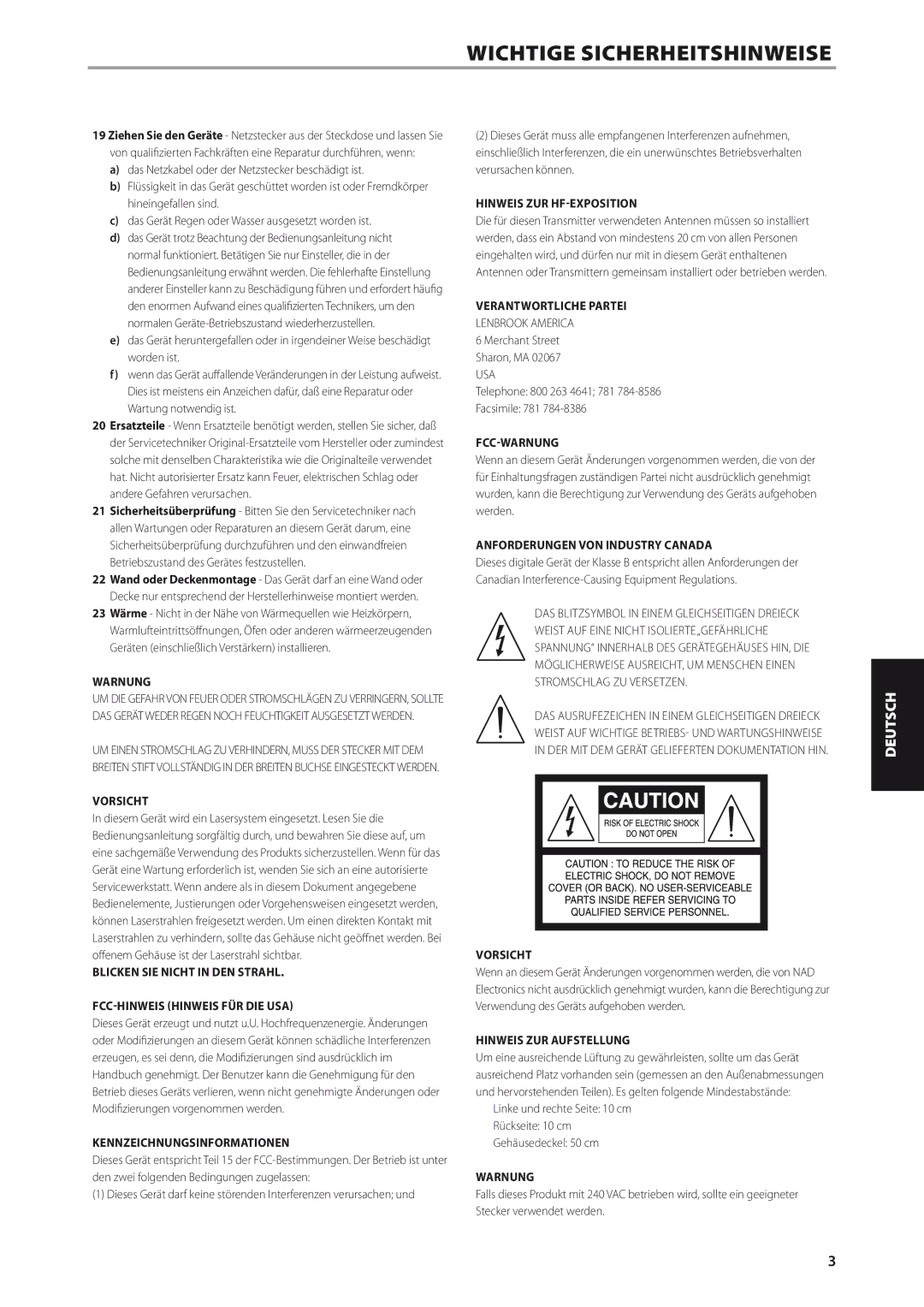 NAD M56 manual Vorsicht, Kennzeichnungsinformationen, Hinweis ZUR HF-EXPOSITION, Verantwortliche Partei, Fcc-Warnung 