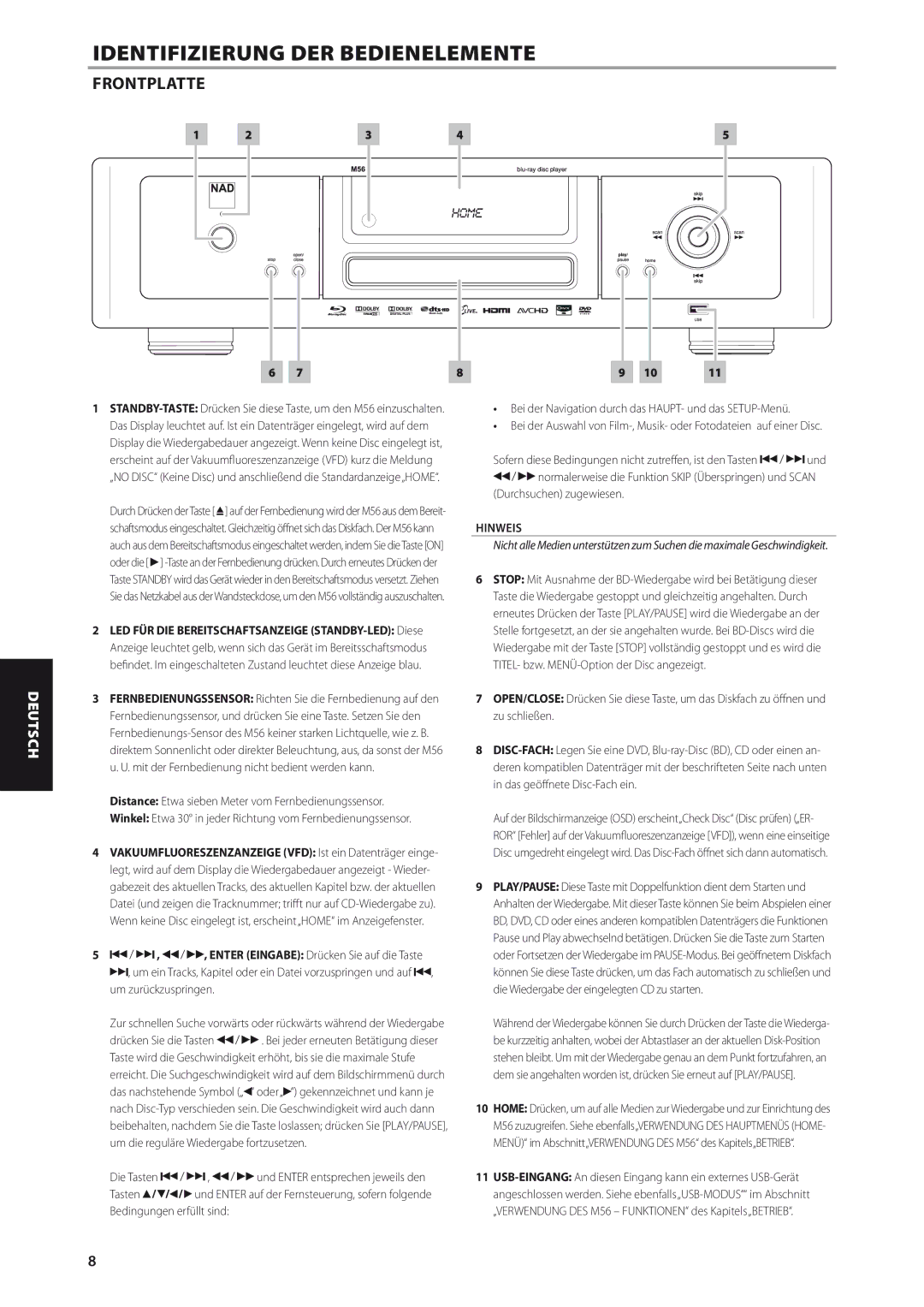 NAD M56 manual Identifizierung DER Bedienelemente, Frontplatte 