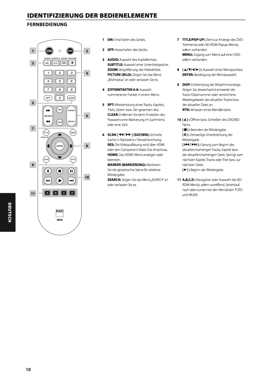 NAD M56 manual Fernbedienung, Identifizierung Der Bedienelemente, Deutsch 